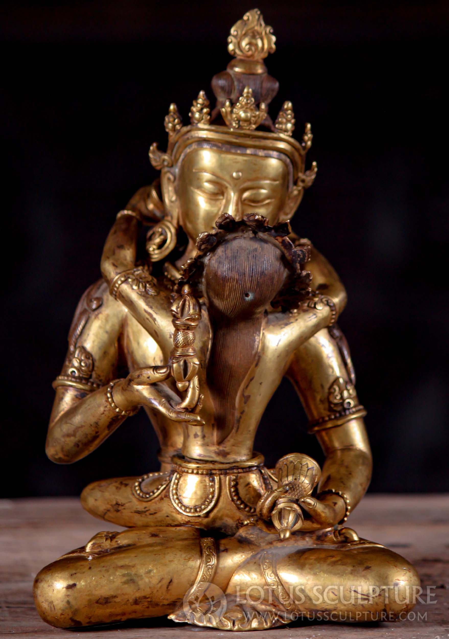 Gold Plated Antique Copper Nepalese Yab Yum Statue of Vajrasatva Embracing Shakti 10"