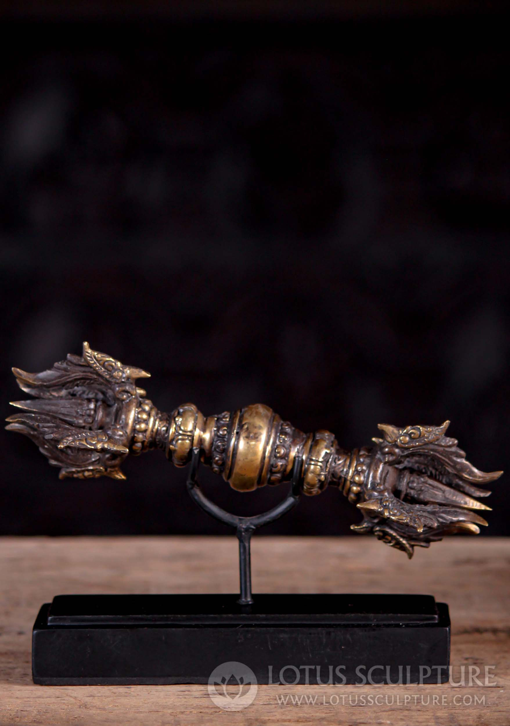 Indonesian Small Brass Double Dorje Vajra on Black Wooden Stand 8"