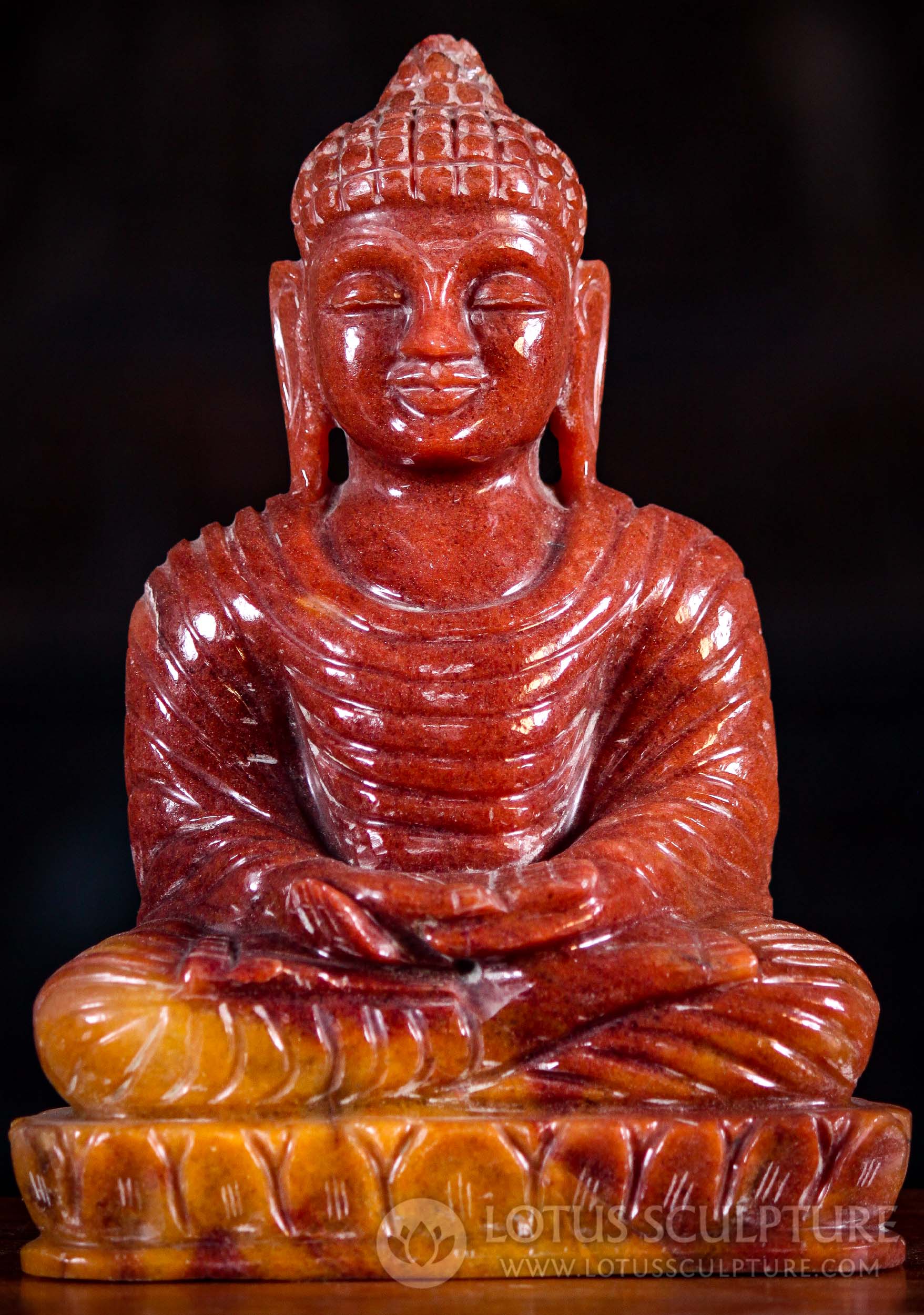 Small Hand Carved Red Jasper Padmasana Seated Meditating Buddha Sculpture 8"