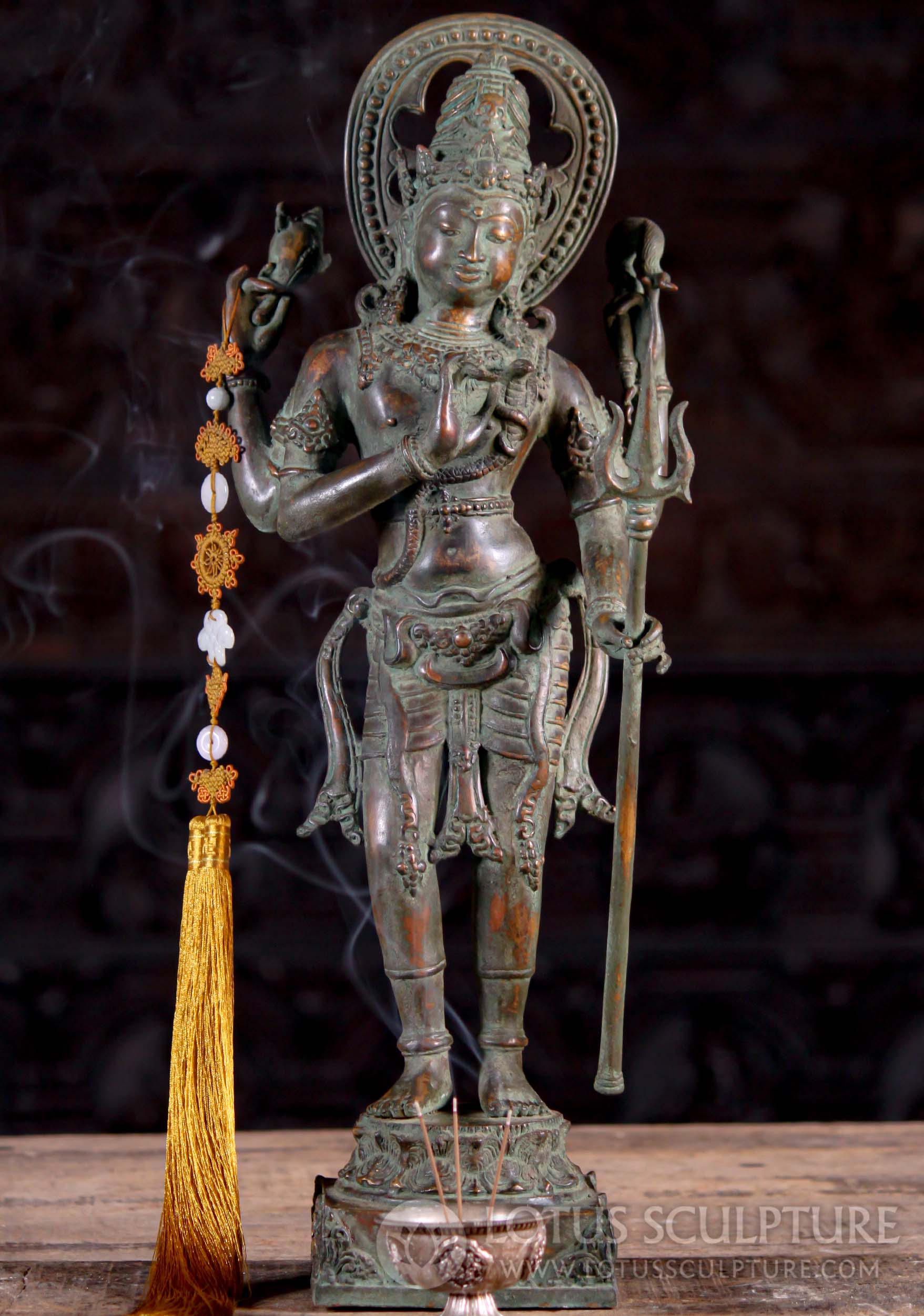Standing Indonesian Brass Hindu God Shiva Statue Holding Conch & Trident 23"