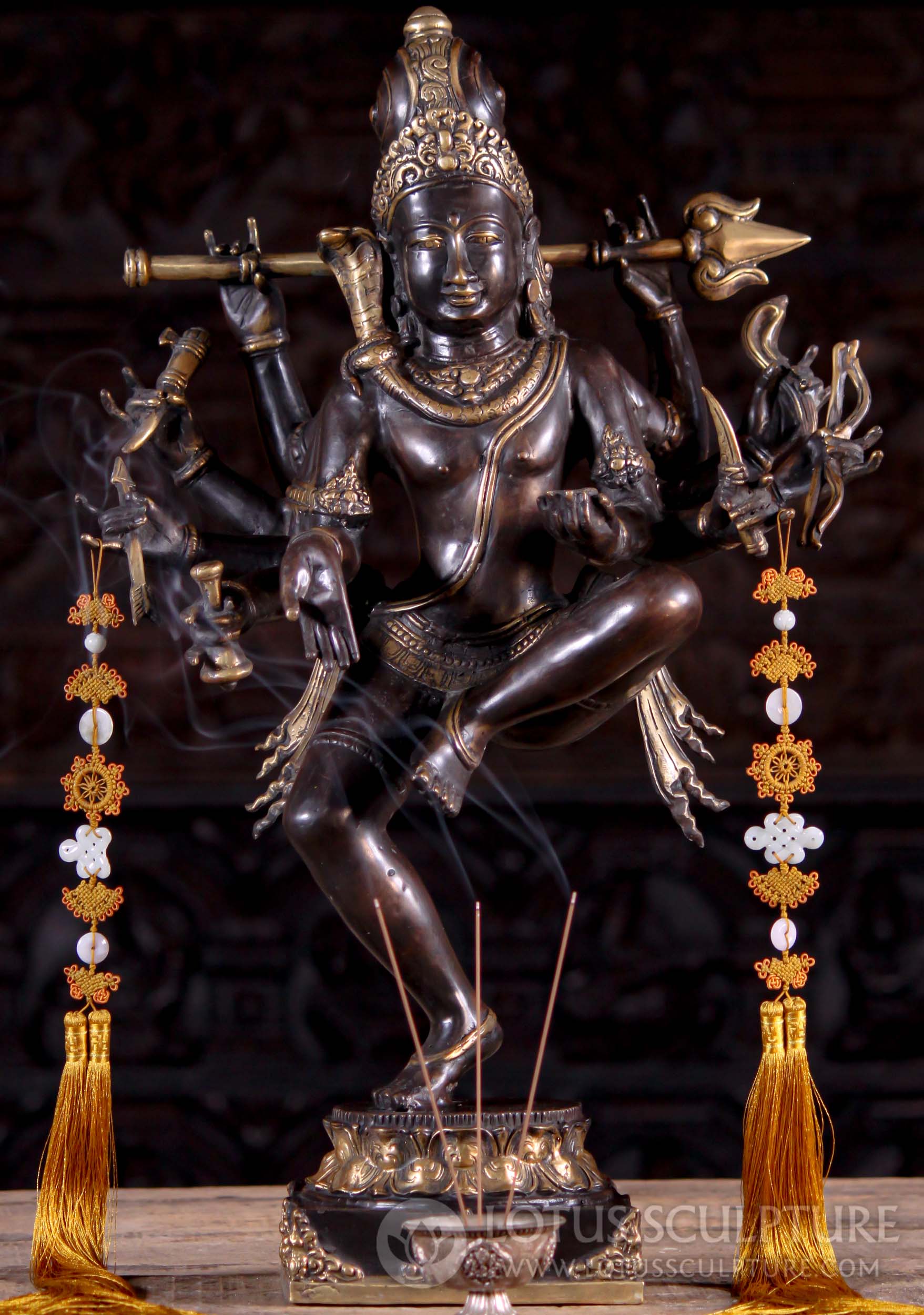 Gold & Copper Balinese Brass Dancing Lord Shiva Statue with Large Trident  & 10 Arms 24"