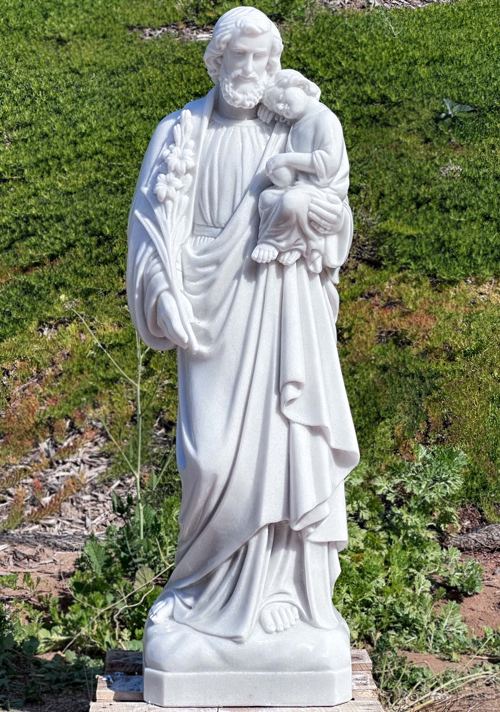 Tranquil White Marble Garden Sculpture of Saint Joseph Holding Baby Jesus in His Arms 46"