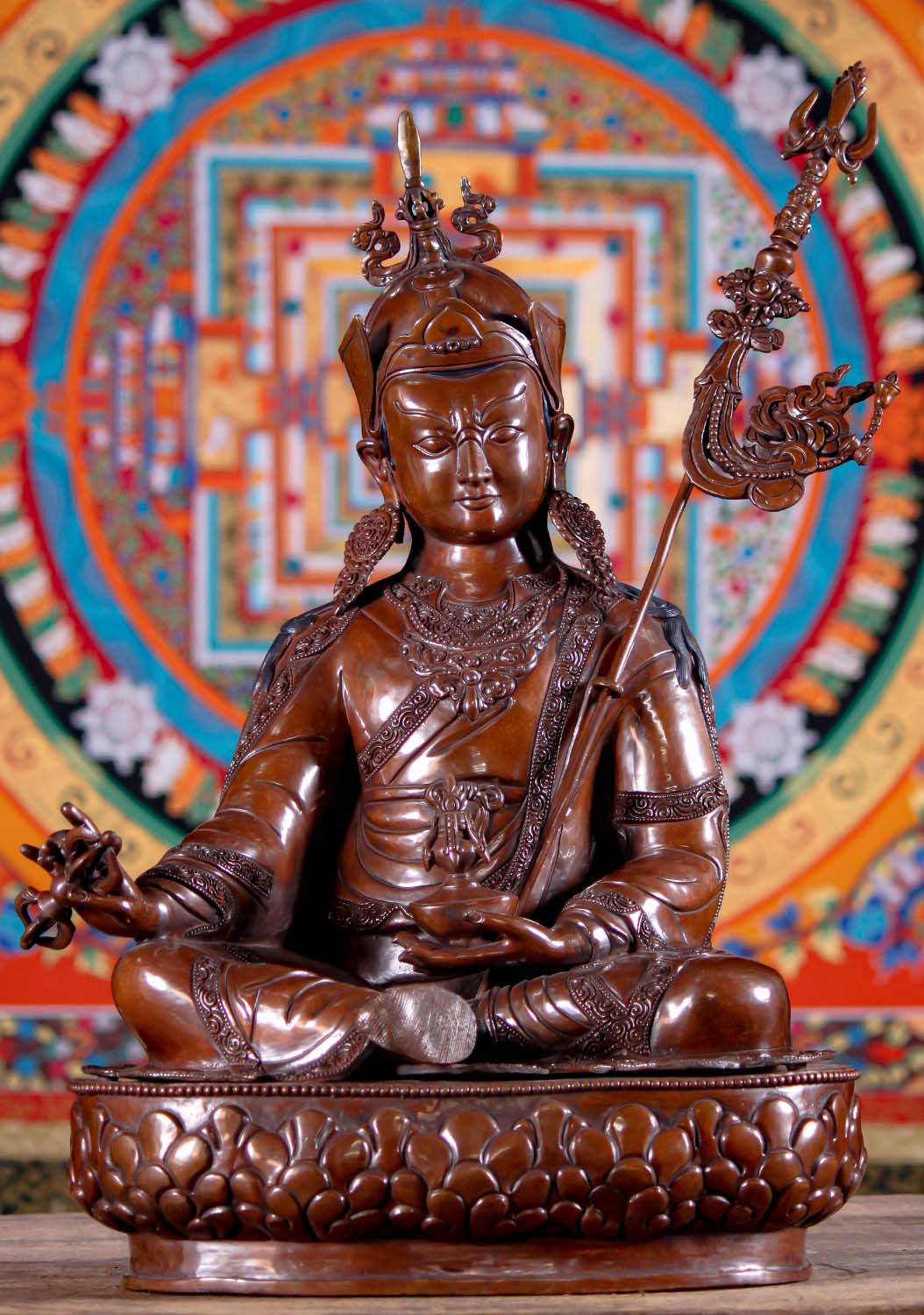 Large Padmasambhava Statue Guru Rinpoche Holding Tantric Staff Hand Made Dark Copper  23"