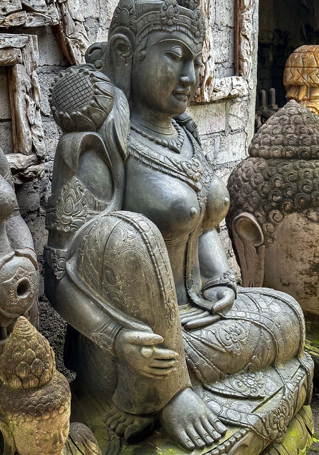 PREORDER Large Stone Seated Devi with Blooming Lotus Flower Garden Sculpture 72"