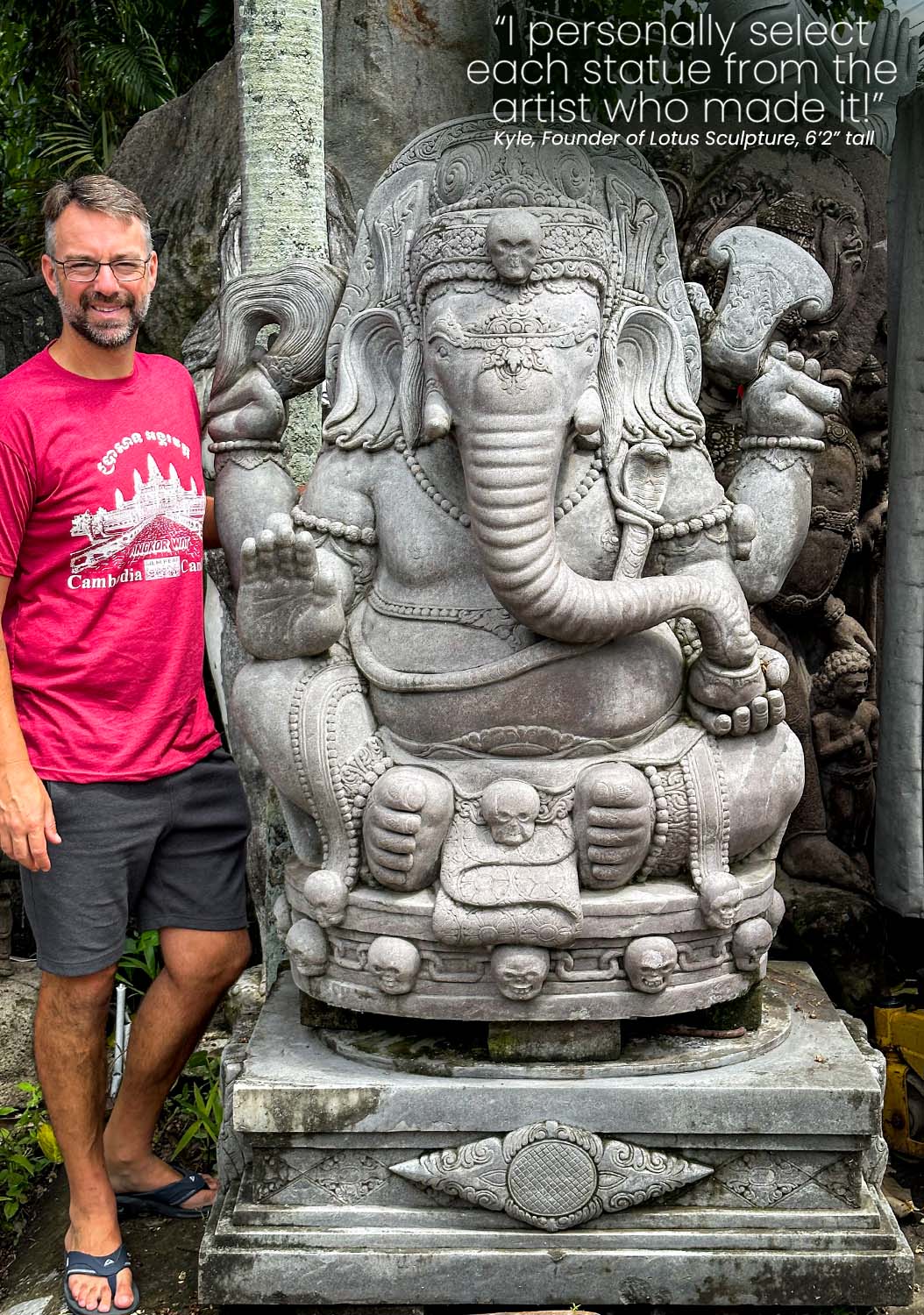 Large Lava Stone Abhaya Mudra Seated Garden Ganesh with Skulls 70"