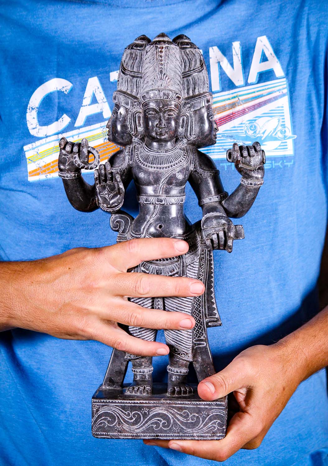 Hand Carved Standing Indian Black Marble Vitarka Mudra Brahma Sculpture 16"