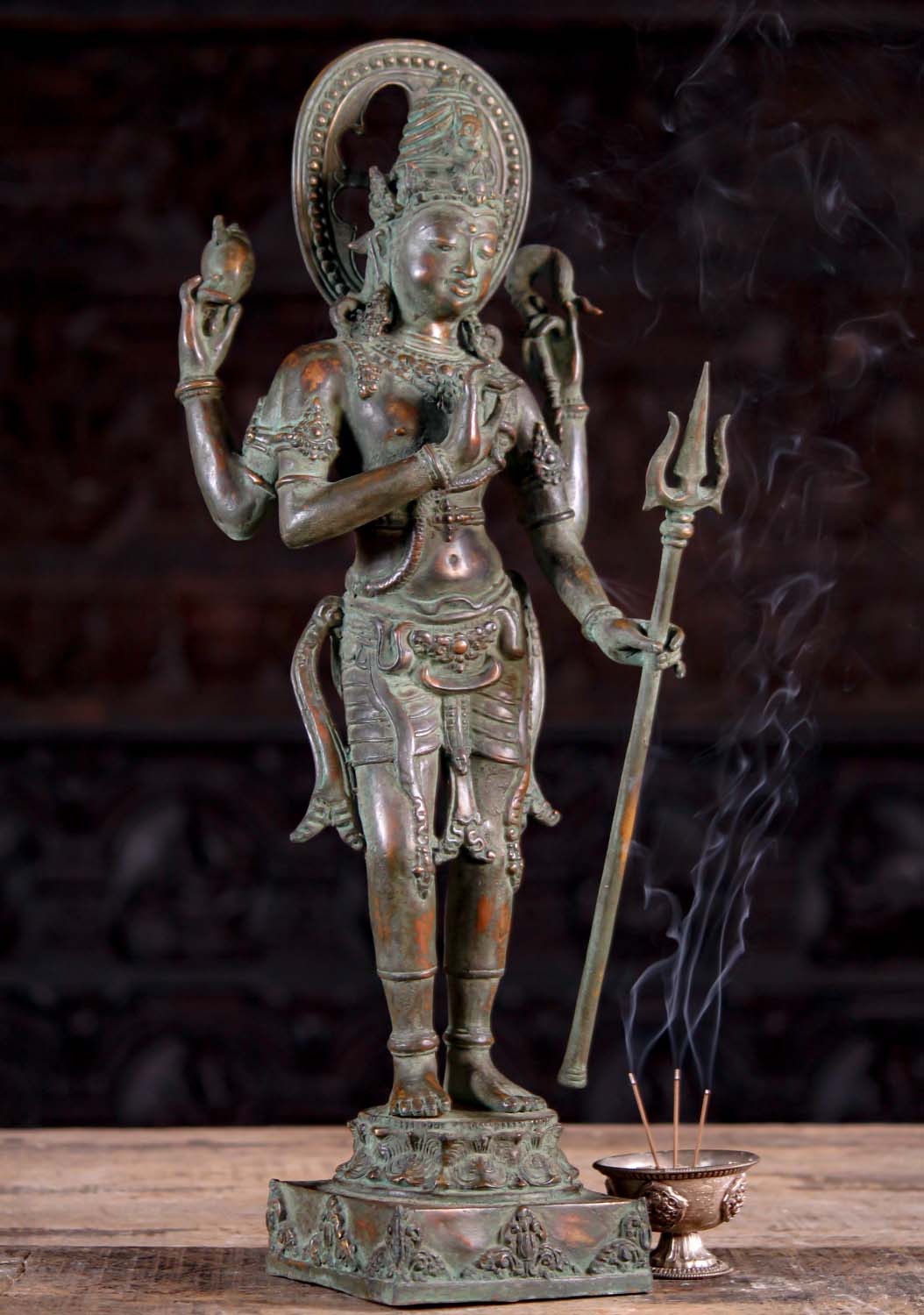 Standing Indonesian Brass Hindu God Shiva Statue Holding Conch & Trident 23"