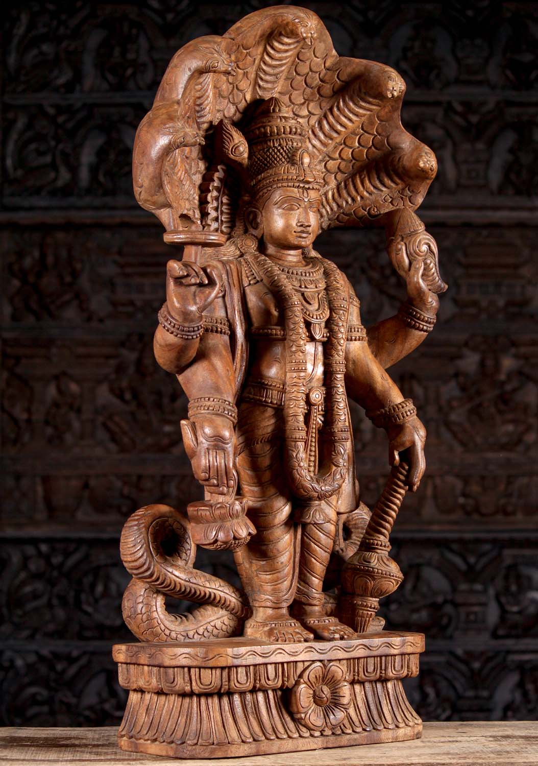 Standing Wood Carved Vishnu Sculpture in Abhaya Mudra With Large Club 36"