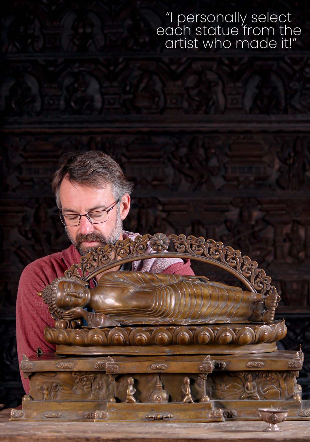 Nepalese Copper Reclining Buddha on Throne in Paranirvana of Wordly Death Sculpture 29"