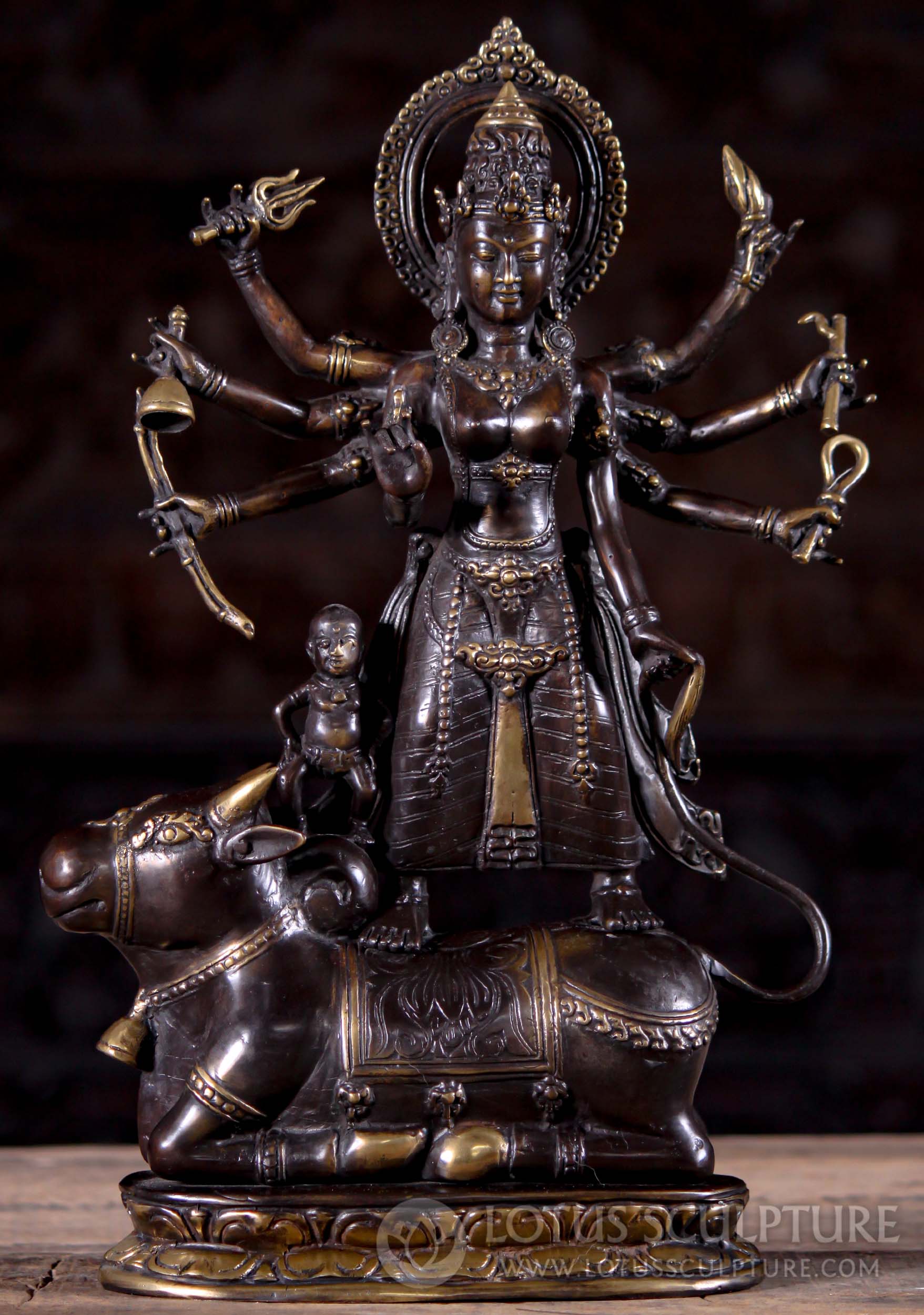 Brass Statue of Hindu Goddess Durga with 8 Arms Standing on Buffalo Demon, Mahishasura 16"