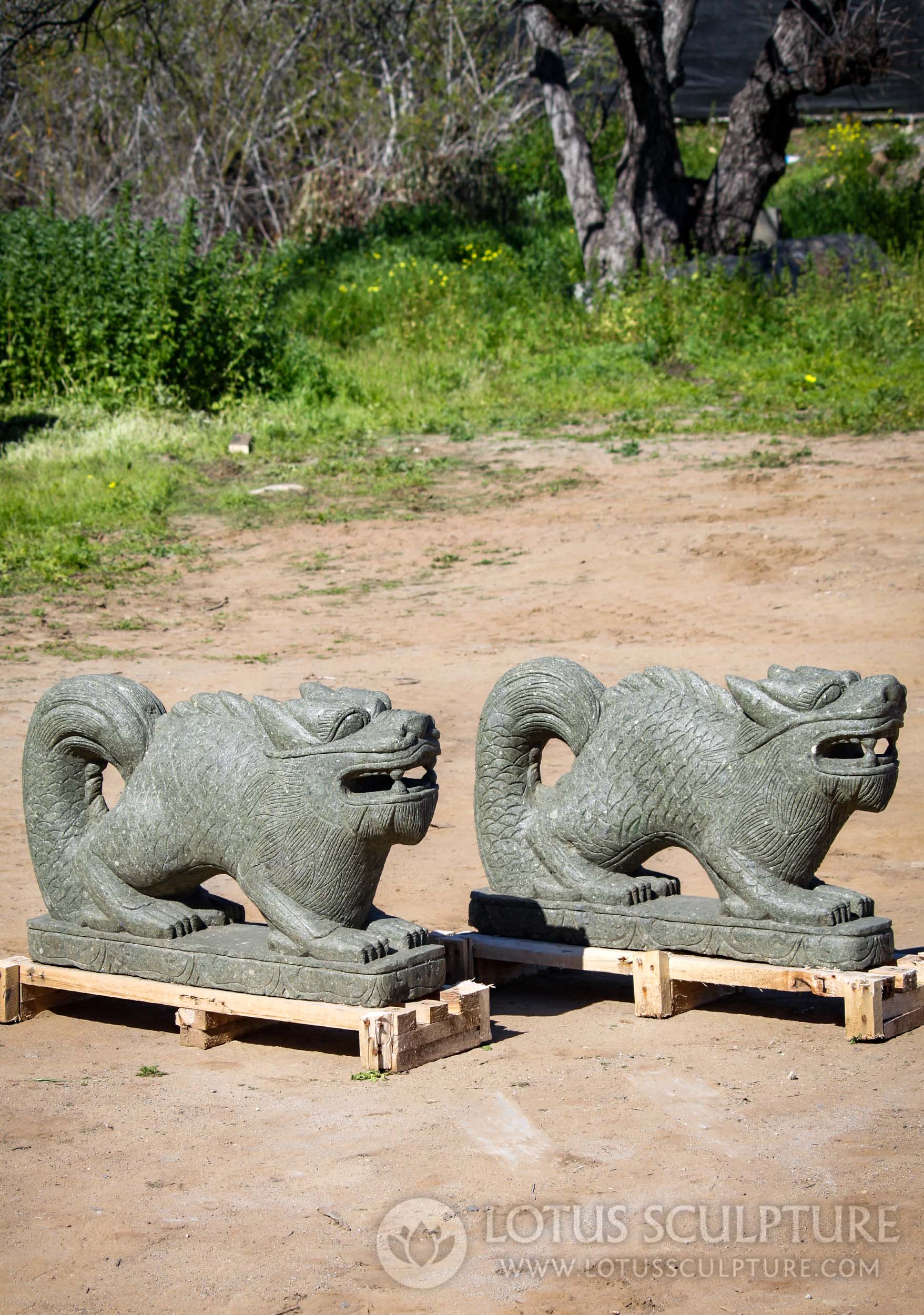 Pair of Hand Carved Lava Stone Crouched Dragon Garden Sculptures 20"