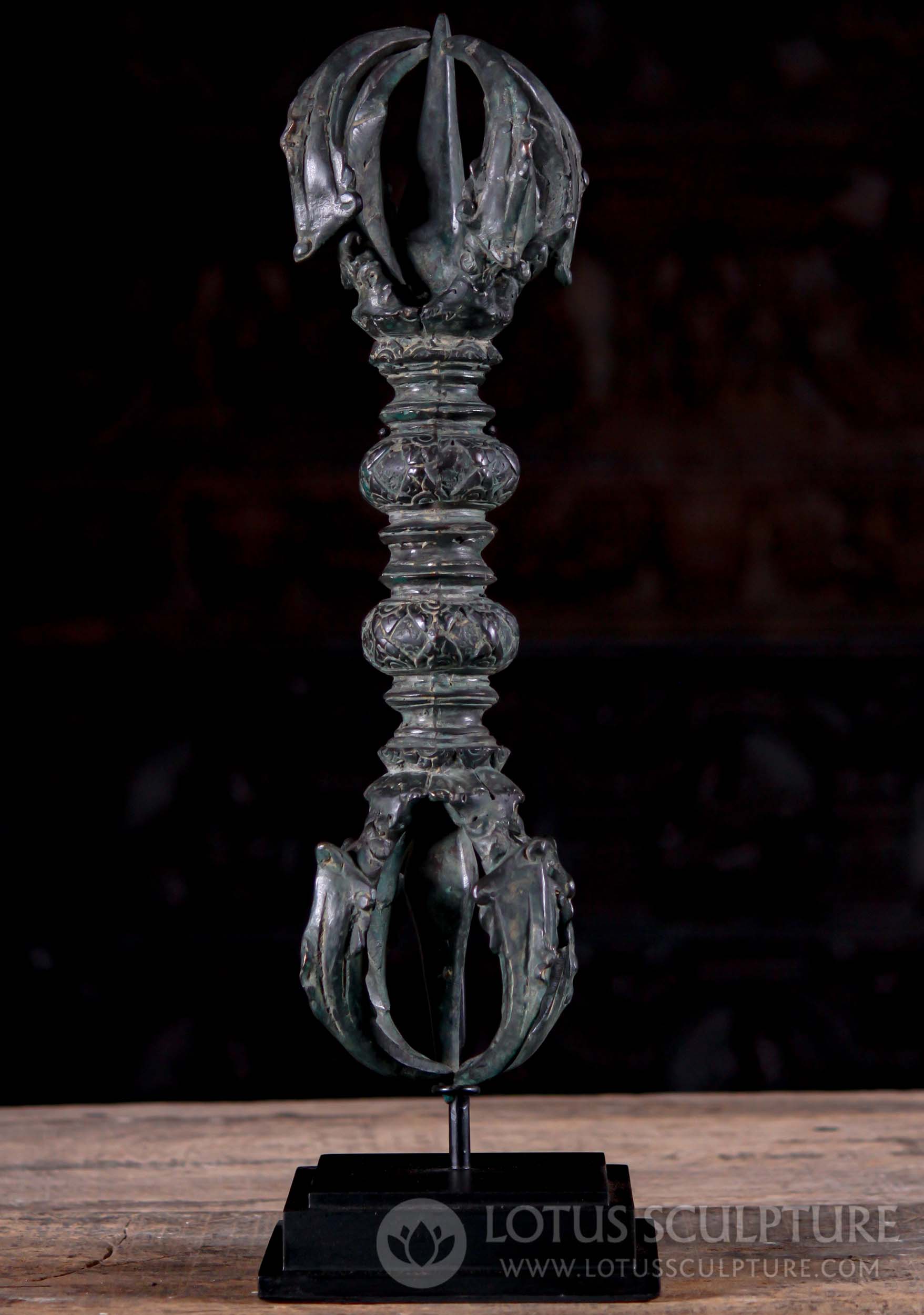 Antique Green Brass Double Dorje Vajra Tibetan Ritual Item on Wood Base 21"