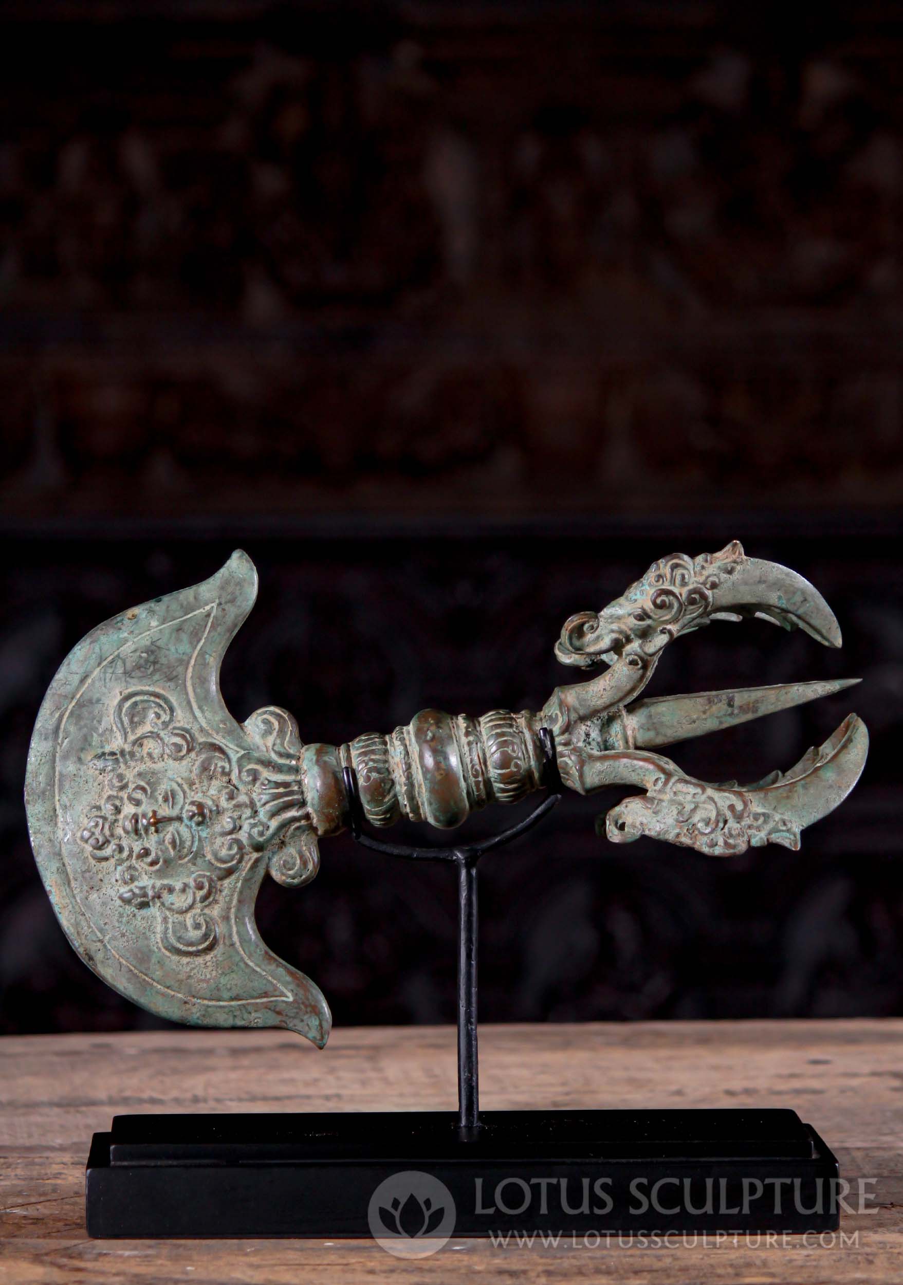 Tibetan Ritual Katrika Knife with Dorje-Vajra and Curved Knife Blade Cast in Indonesia 15"