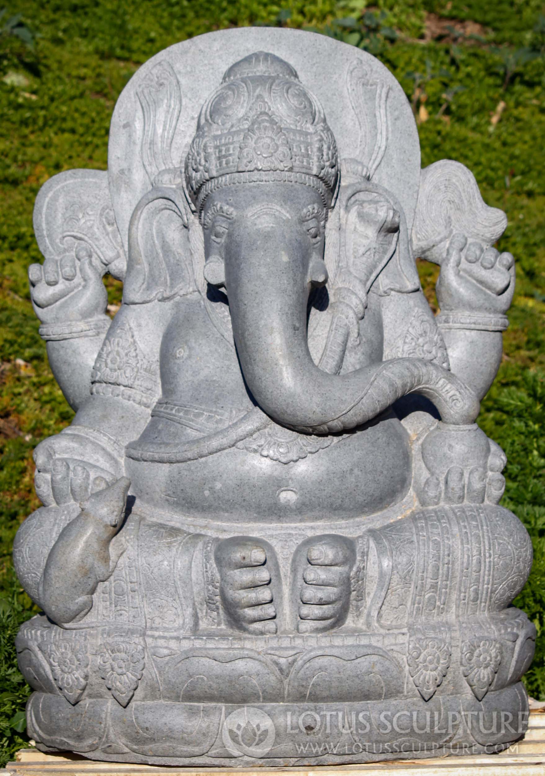 Large Stone Garden Ganesh Statue with Rat & Cobra Brahim's Thread Hand Carved in Indonesia 48"