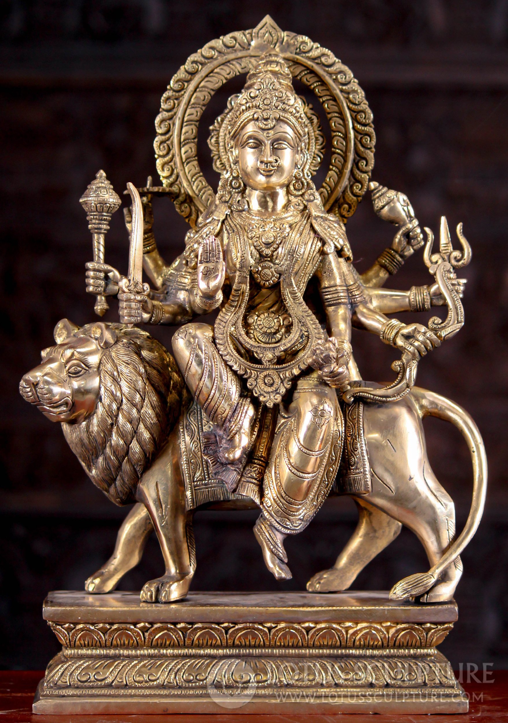 Brass Hindu Goddess Durga Statue Seated on Her Vehicle, a Lion with 8 Arms  Holding Weapons 17.5 (#160bs29z): Hindu Gods & Buddha Statues
