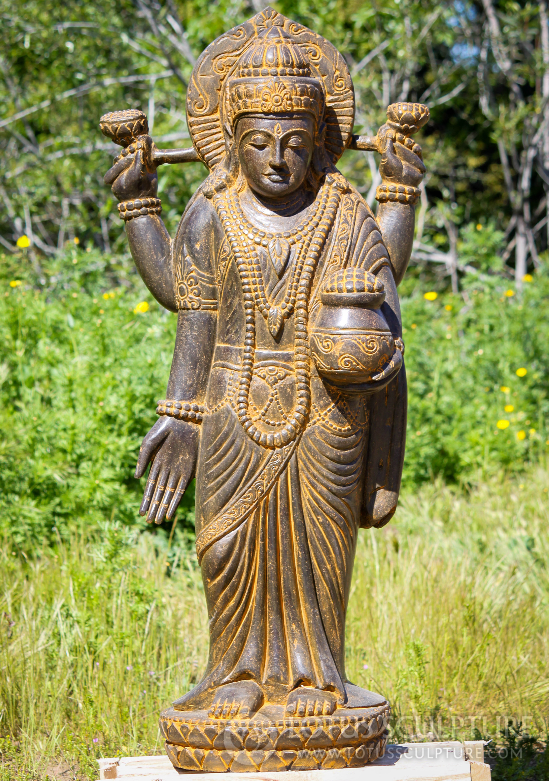 Hand Carved Stone Standing Varada Lakshmi Sculpture with Lotus and Water Vessel 51"