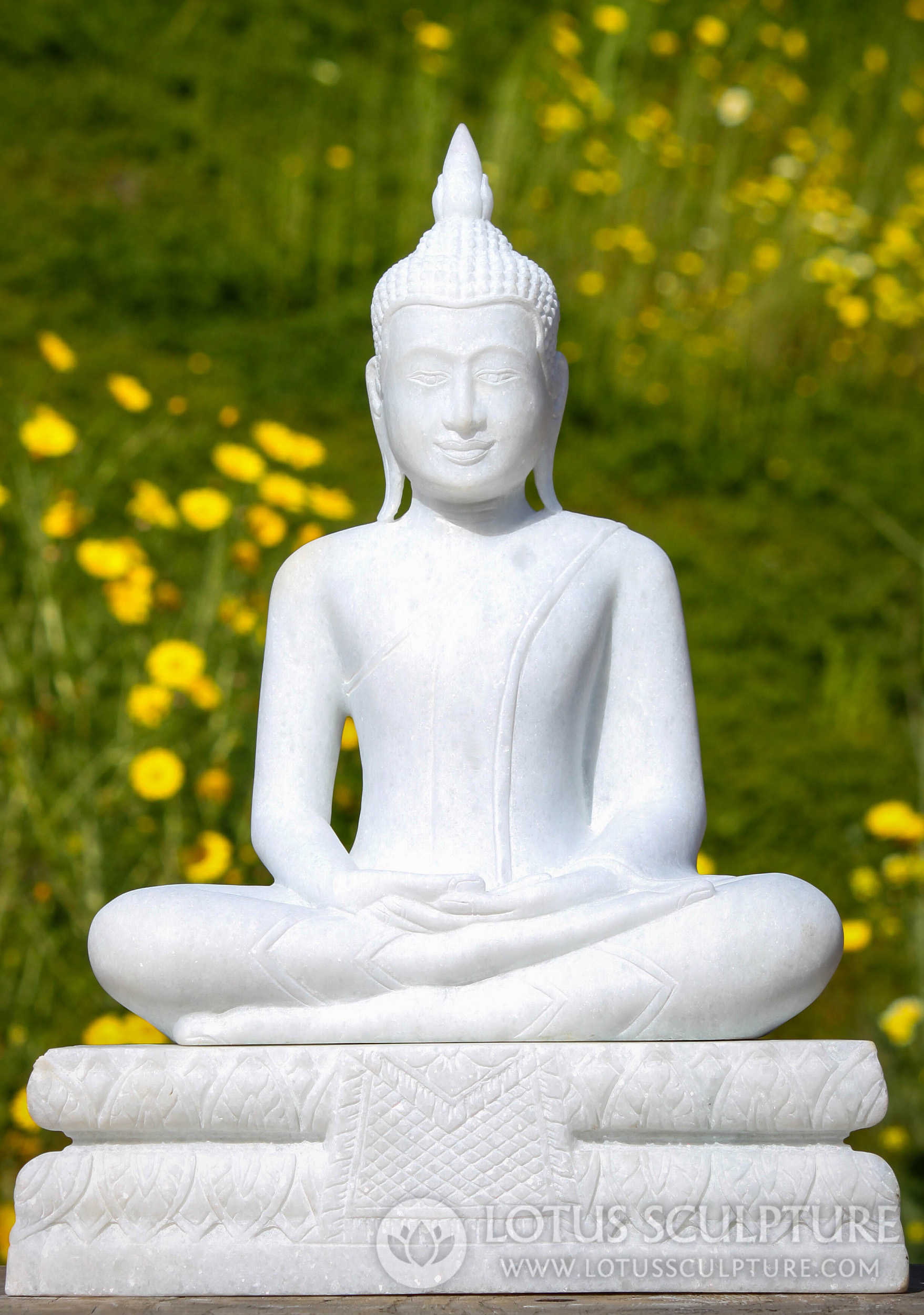 Serene Cambodian White Marble Seated Buddha Sculpture Perfect for Home Garden 19"