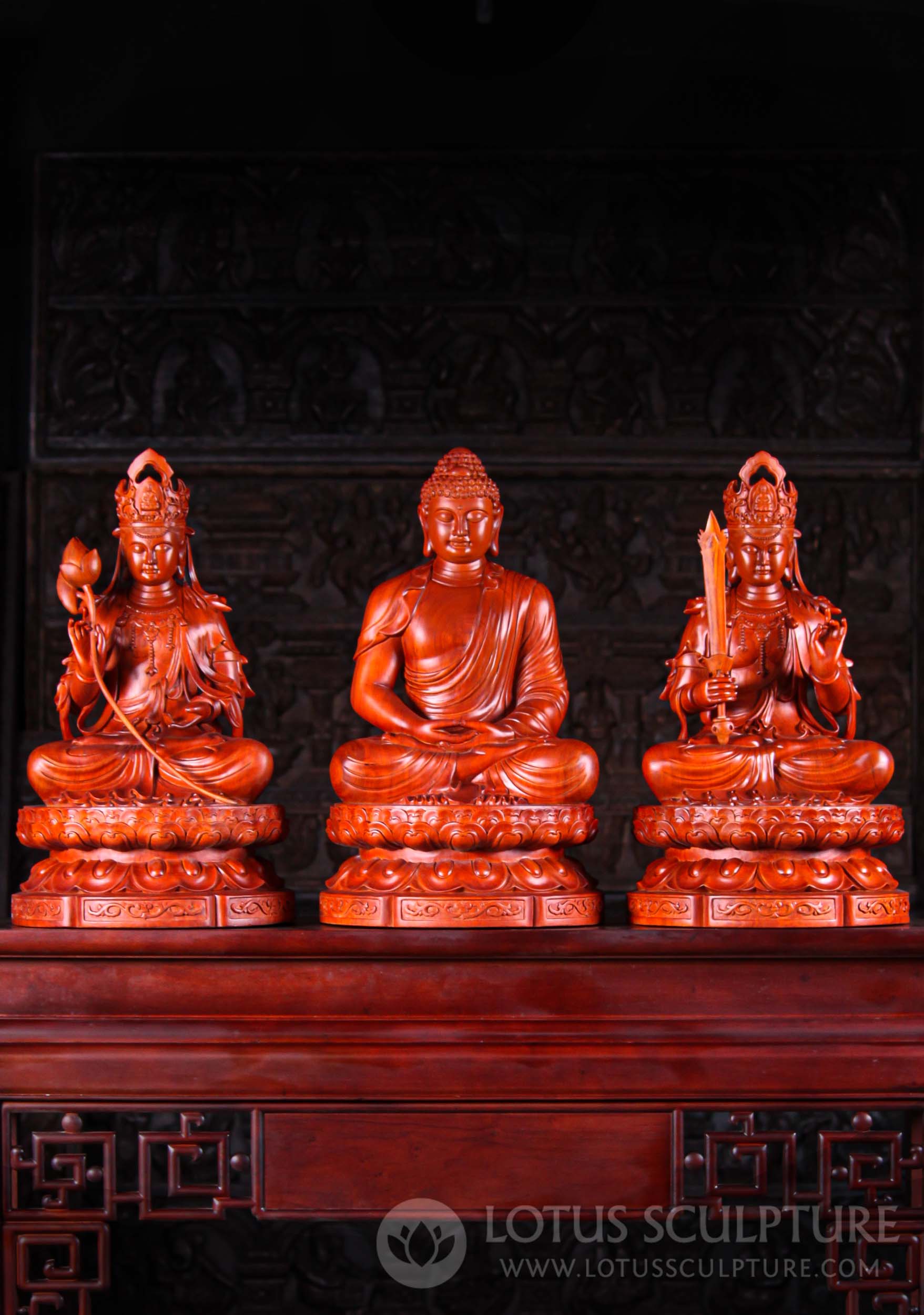 Set of Three Wood Sculptures: Gautama Buddha, Samantabhadra, Manjushri 24"
