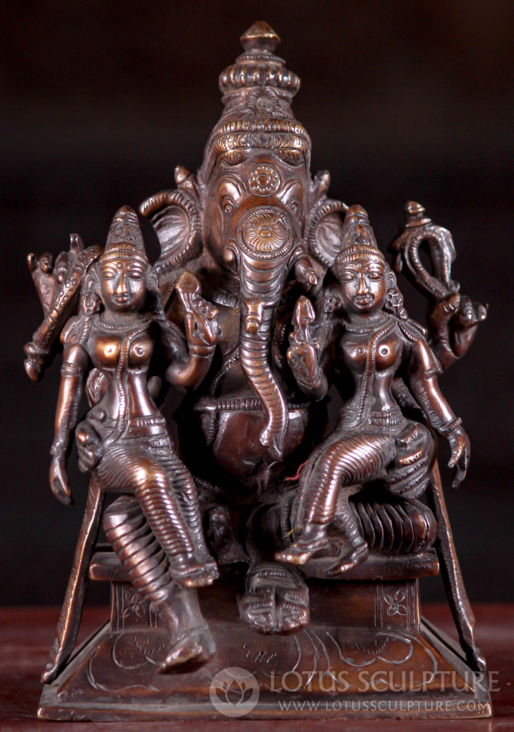 Brass Ganesh Statue with Siddhi who Represents Success & Buddhi who Represents Intelligence 7"