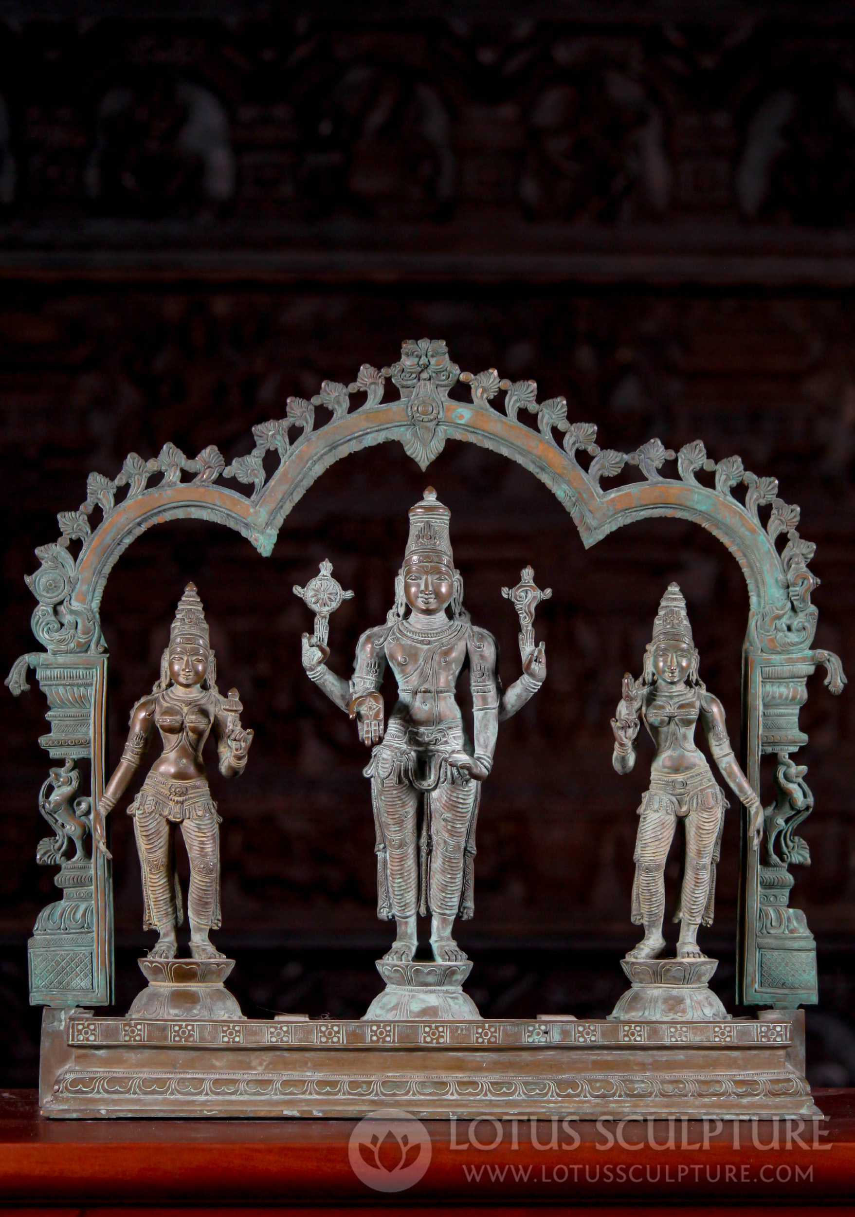 Vishnu with Consorts Bhudevi & Sridevi Antique Green Statue Cast South Indian Bronze 18"