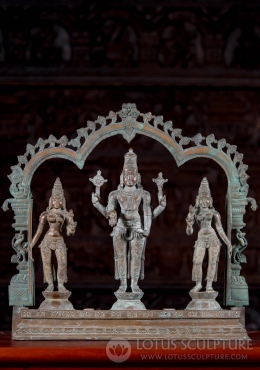 Vishnu with Consorts Bhudevi & Sridevi Antique Green Statue Cast South Indian Bronze 18"