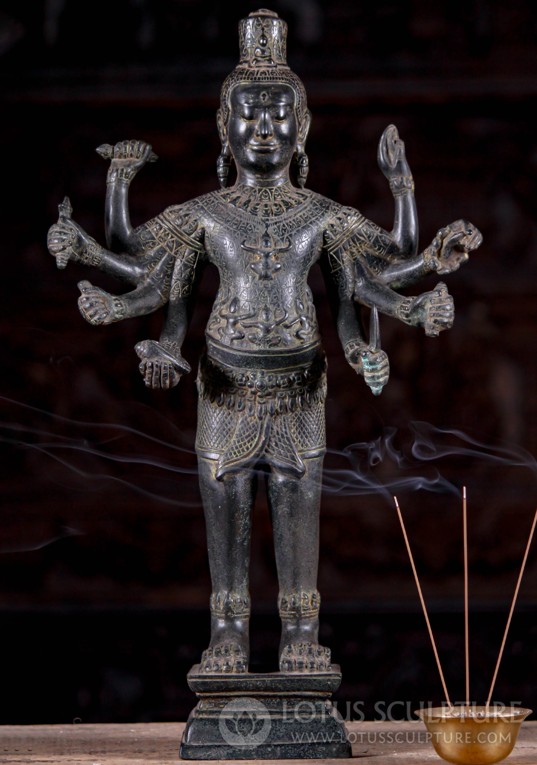 Cambodian Style Bronze Standing Avalokiteshvara with 8 Arms and 20 Toes Statue 19.5"