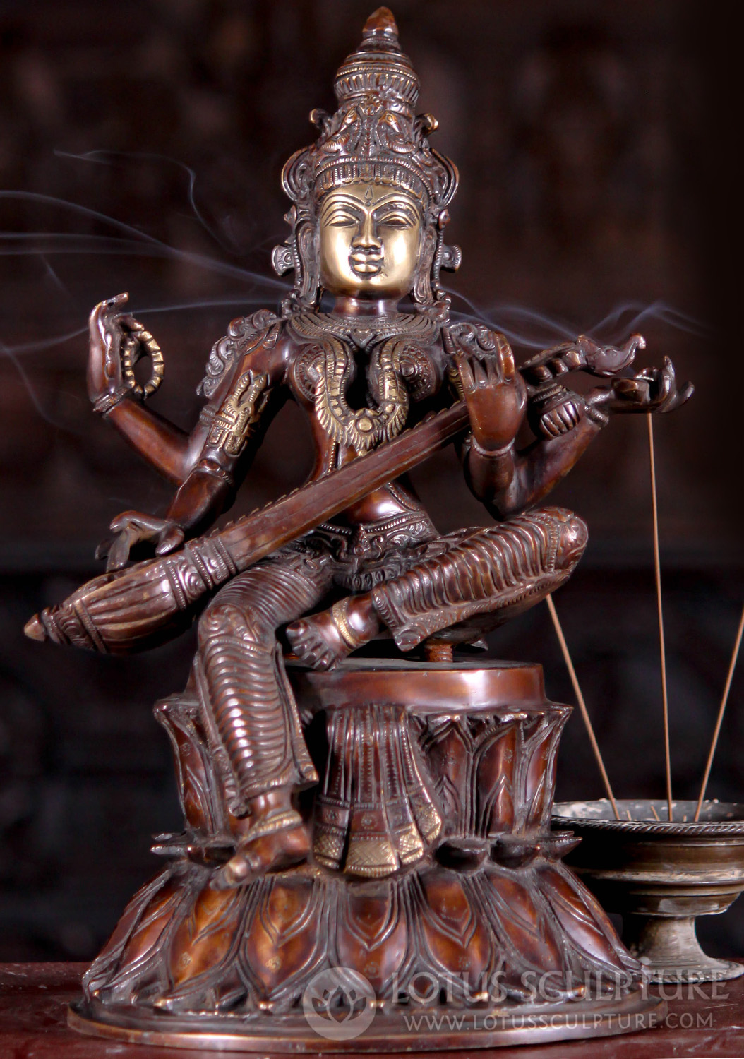 Brass Saraswati Goddess of Wisdom Statue Seated on Lotus Base Playing Veena Instrument 14.5"
