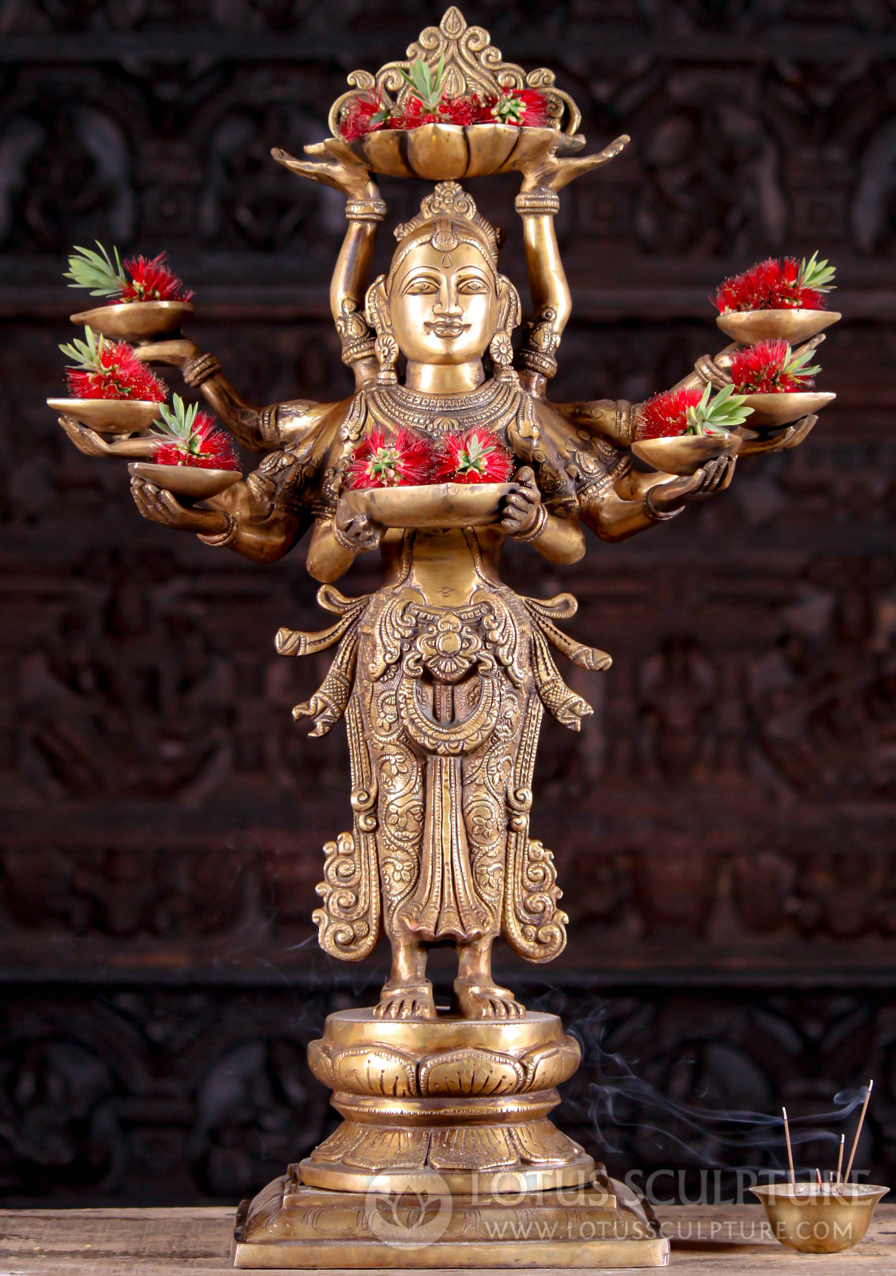 Brass Standing Deepa Lakshmi with 10 Arms Holding 8 Lamps Perfect for Diwali 28"