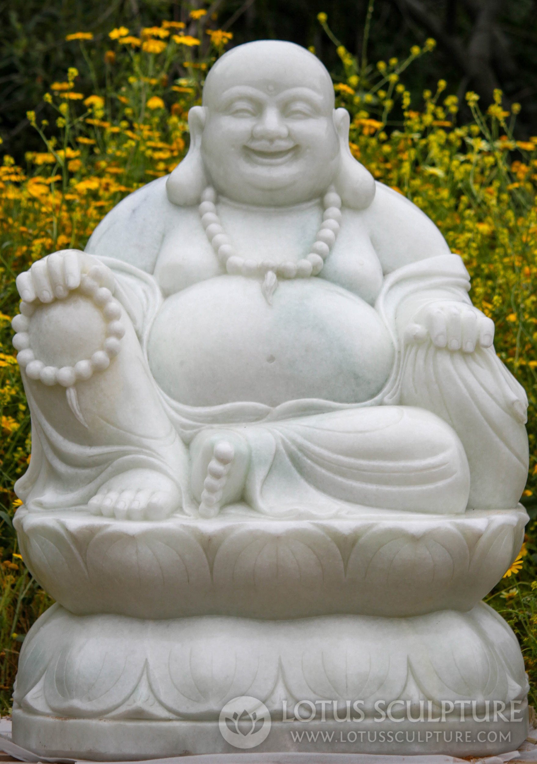SOLD Jolly Fat & Happy White Marble Hotei Buddha Sculpture with Mala ...