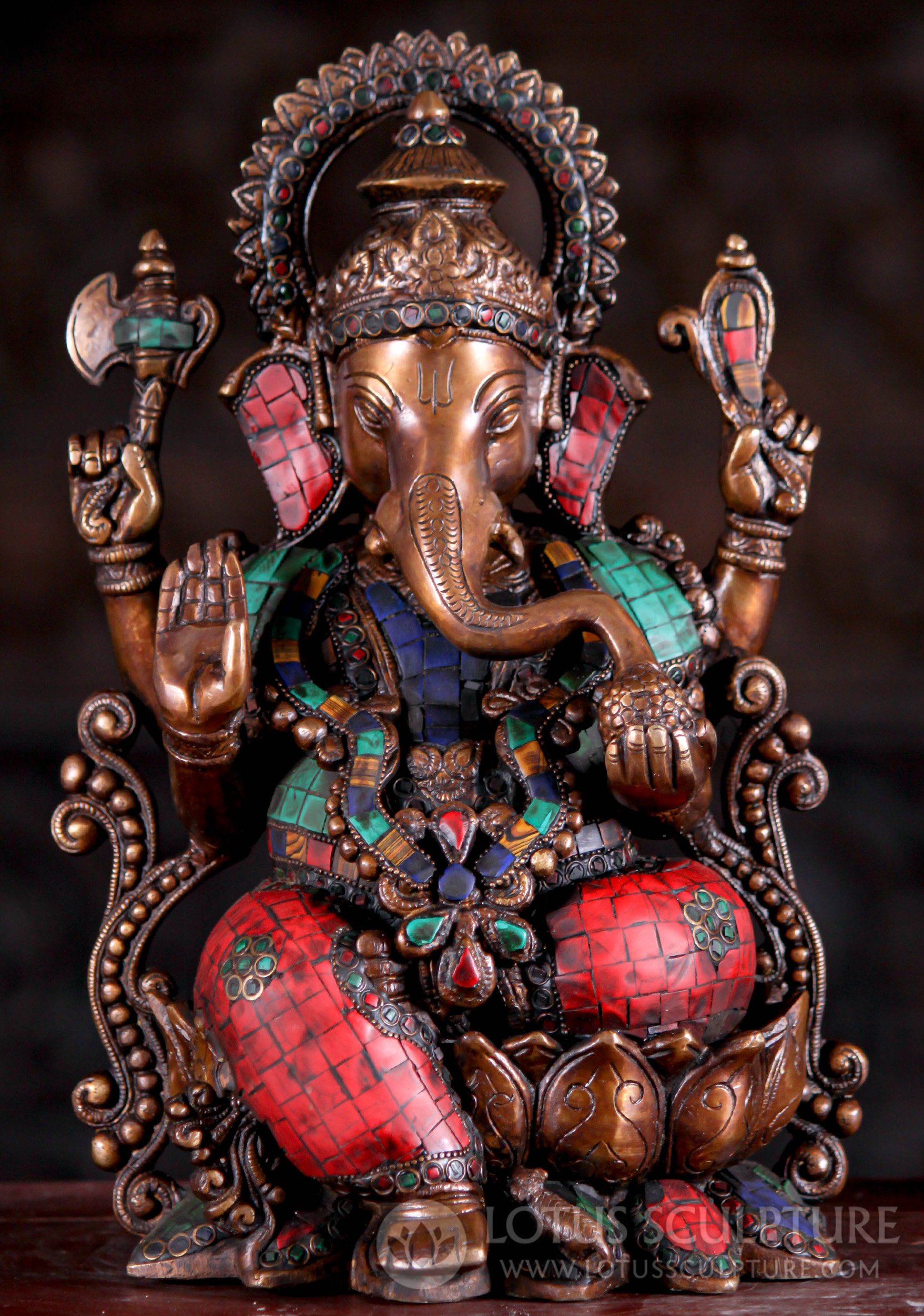 Brass Hindu Ganesh Statue with Beautiful Colored Stones with Trident on His Trunk 13"