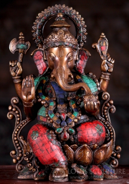 Brass Hindu Ganesh Statue with Beautiful Colored Stones with Trident on His Trunk 13" Brass Hindu Ganesh Statue with Beautiful Colored Stones with Trident on His Trunk 13"