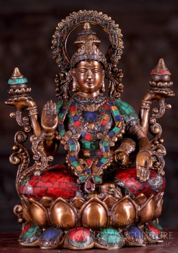 Brass Hindu Goddess Lakshmi Statue with Beautiful Colored Stones & Chakra Halo 13" Brass Hindu Goddess Lakshmi Statue with Beautiful Colored Stones & Chakra Halo 13"