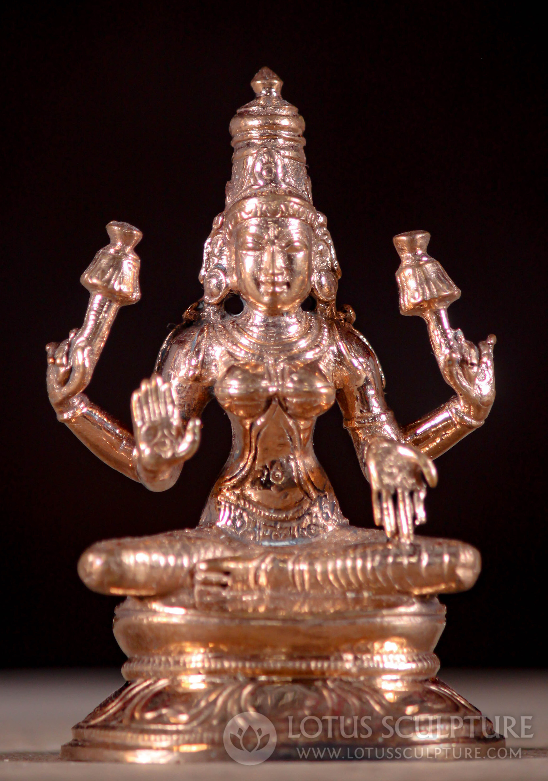 Polished Bronze Seated Lakshmi Statue with Two Lotus Flowers Hindu Goddess 3"