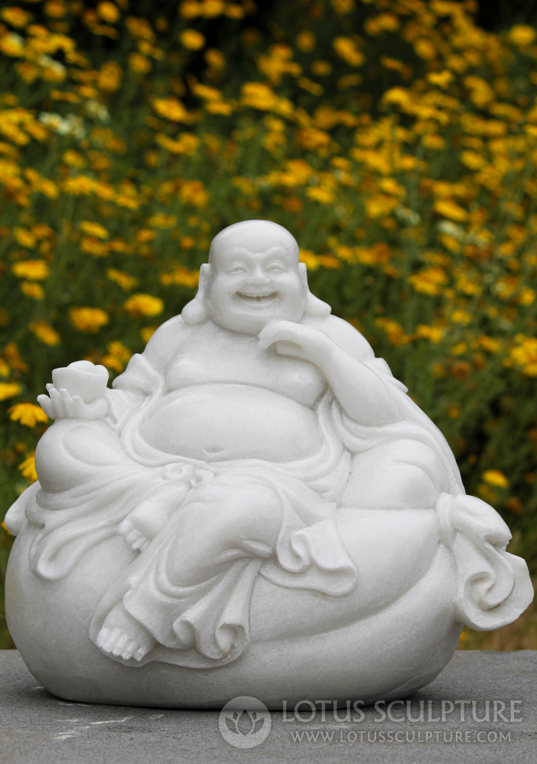 Hand Carved White Marble Fat & Happy Hotei Buddha of Wealth Garden Statue 15"