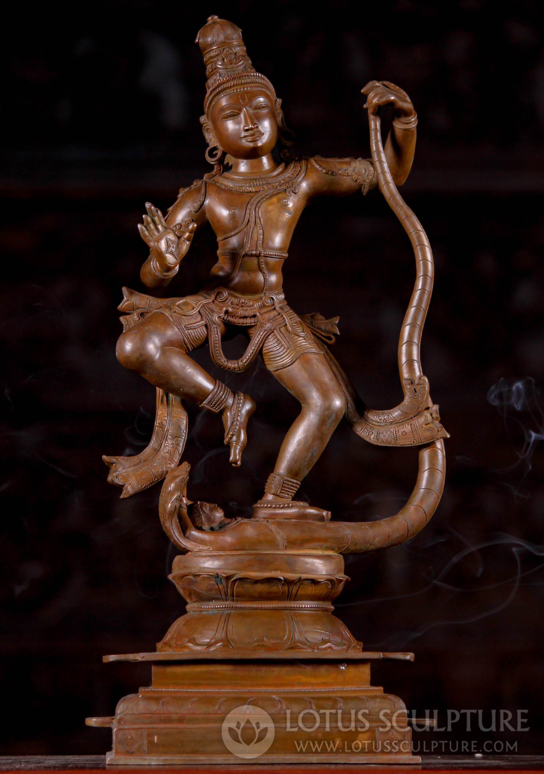 South Indian Panchaloha Bronze Statue of Lord Krishna Dancing on the Serpent Kaliya 18"