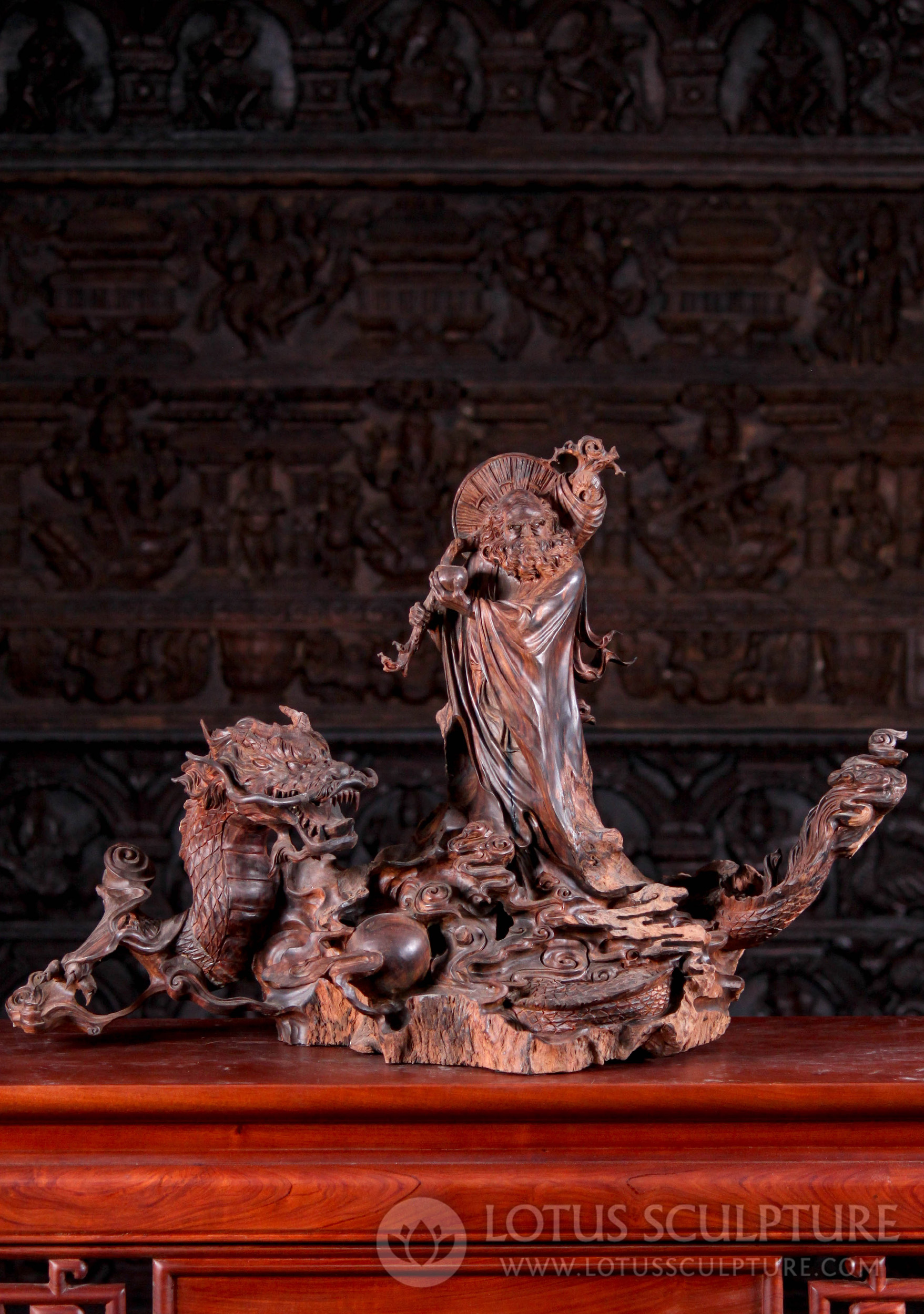 Bodhidharma Masterpiece, Once in a Lifetime Wood Statue of Chinese Sage with Dragon 32"