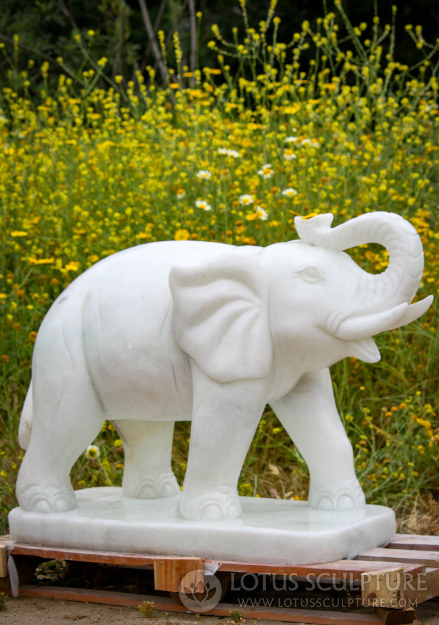 White Marble Elephant of Good Fortune Garden Sculpture with Raised ...