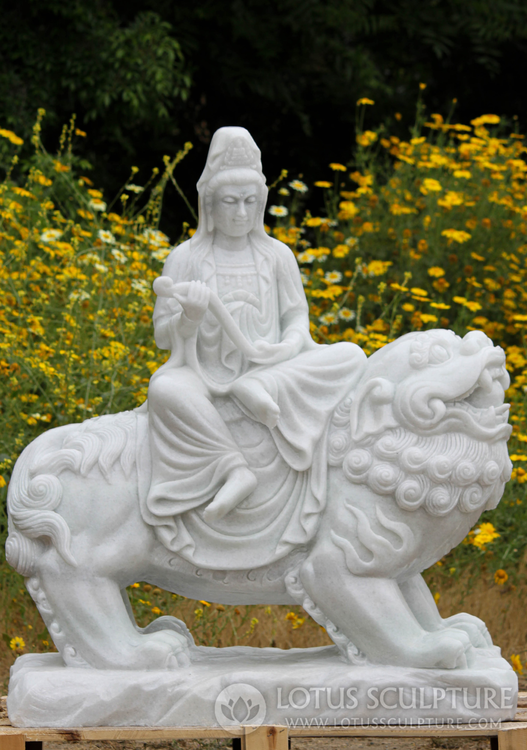 White Marble Garden Statue Bodhisattva of Compassion Kwan Yin Riding a Lion 45"