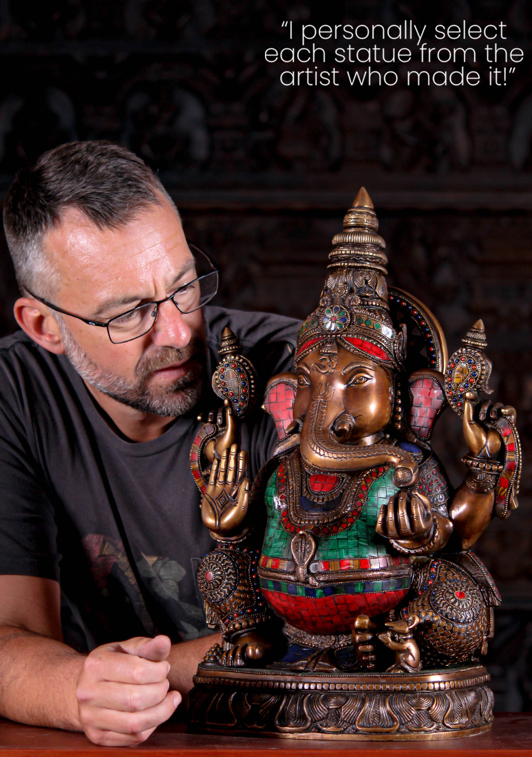 Ornate Brass Ganesh with Colored Stones, Chakra Halo, and Cobra Belt Statue 20"