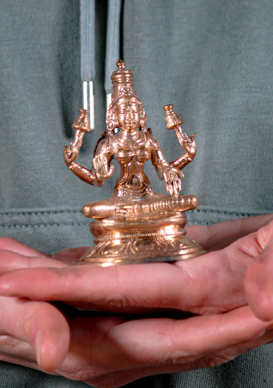 Polished Bronze Seated Lakshmi Statue with Two Lotus Flowers Hindu Goddess 3"