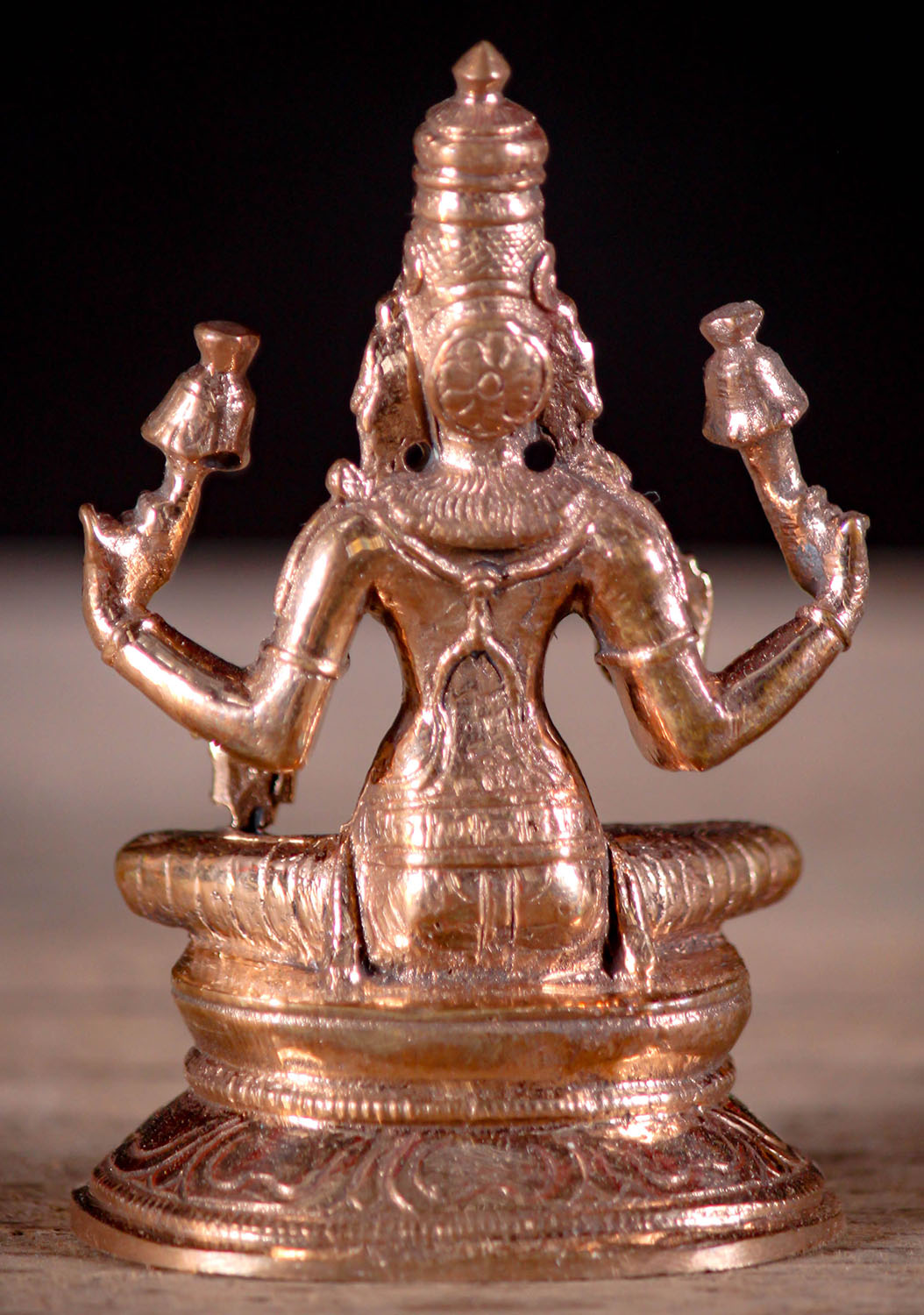 Polished Bronze Seated Lakshmi Statue with Two Lotus Flowers Hindu Goddess 3"