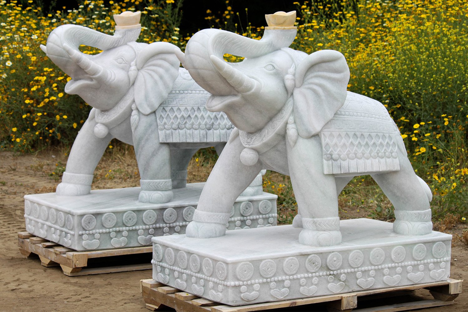 Large Pair of White Marble Elephant Sculptures with Raised Trunks ...