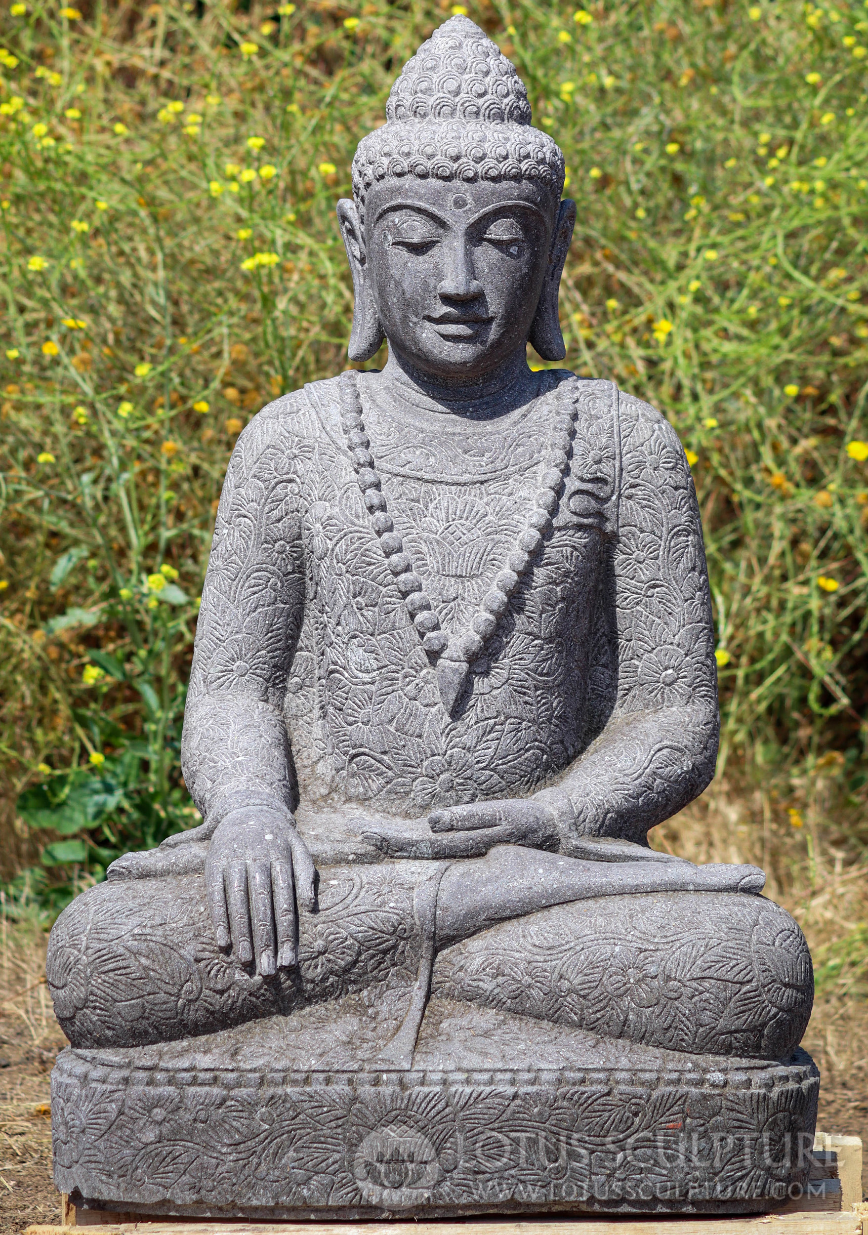 Stone Earth Touching Full Lotus Seated Buddha Sculpture Wearing Floral Robes 36"