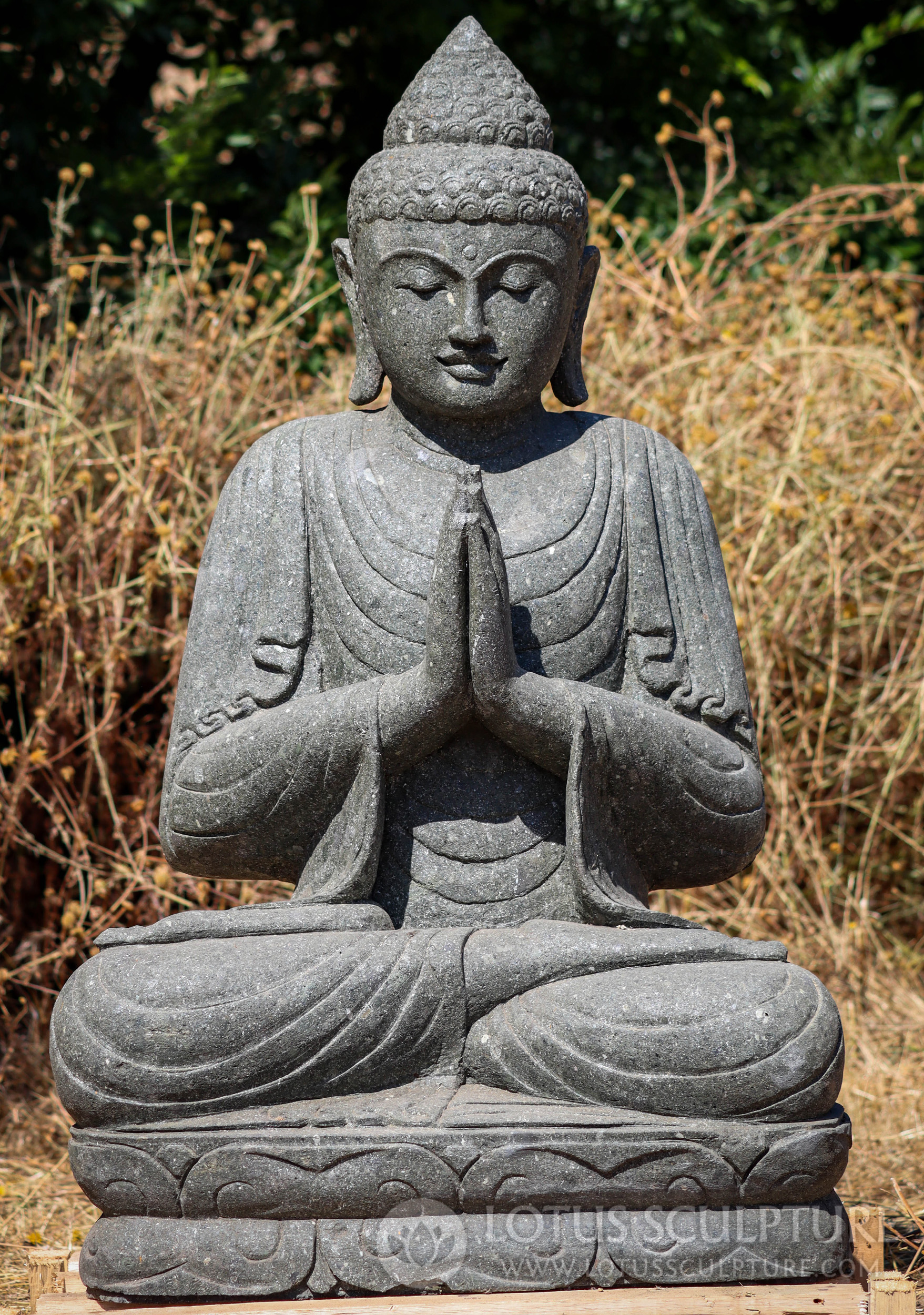 Carved Lava Stone Anjali Namaste Mudra Full Lotus Garden Buddha Statue 41"