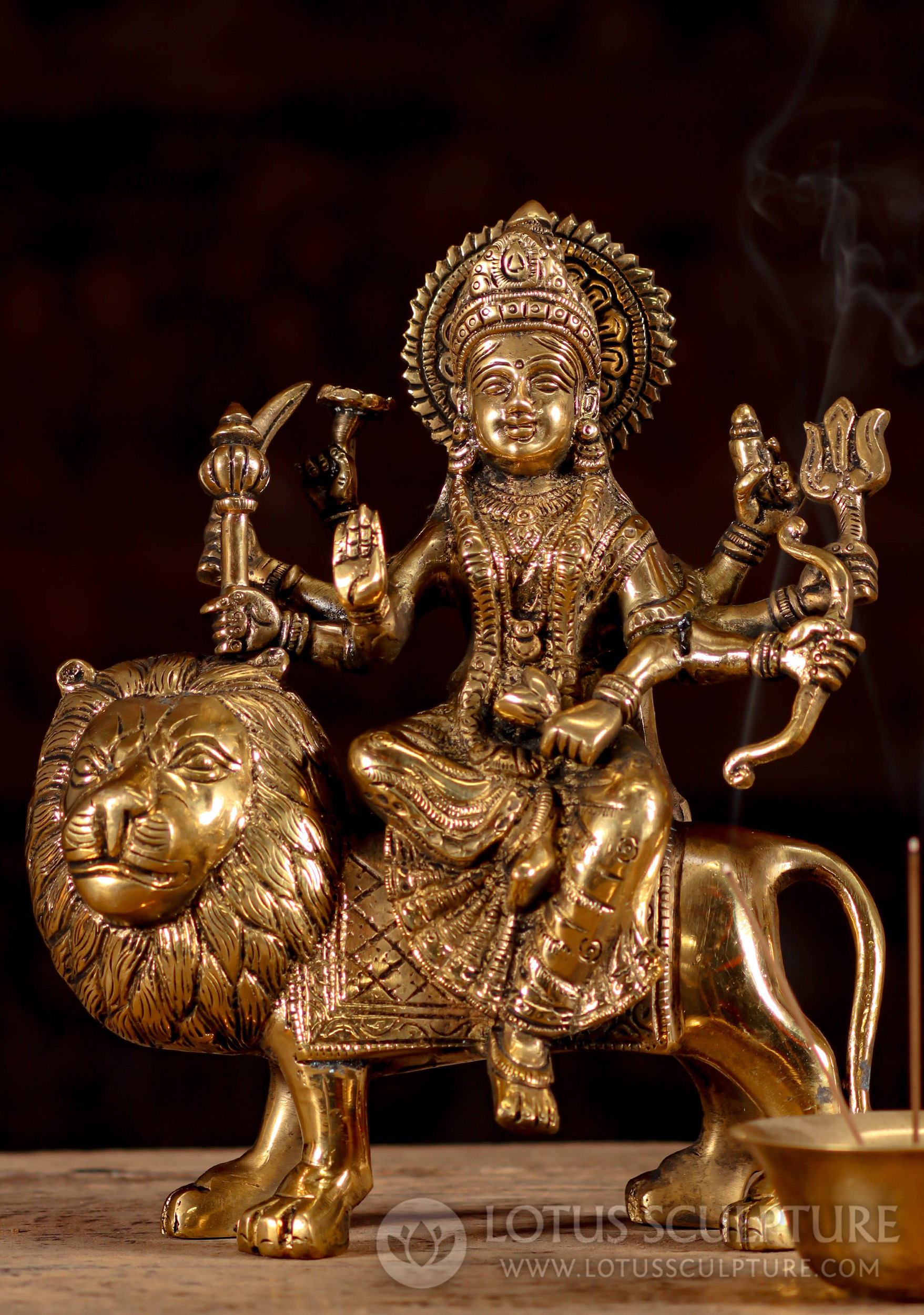 Hindu Goddess Brass Durga Statue Seated on Her Vahana, a Lion with 8 Arms Holding Weapons 9"