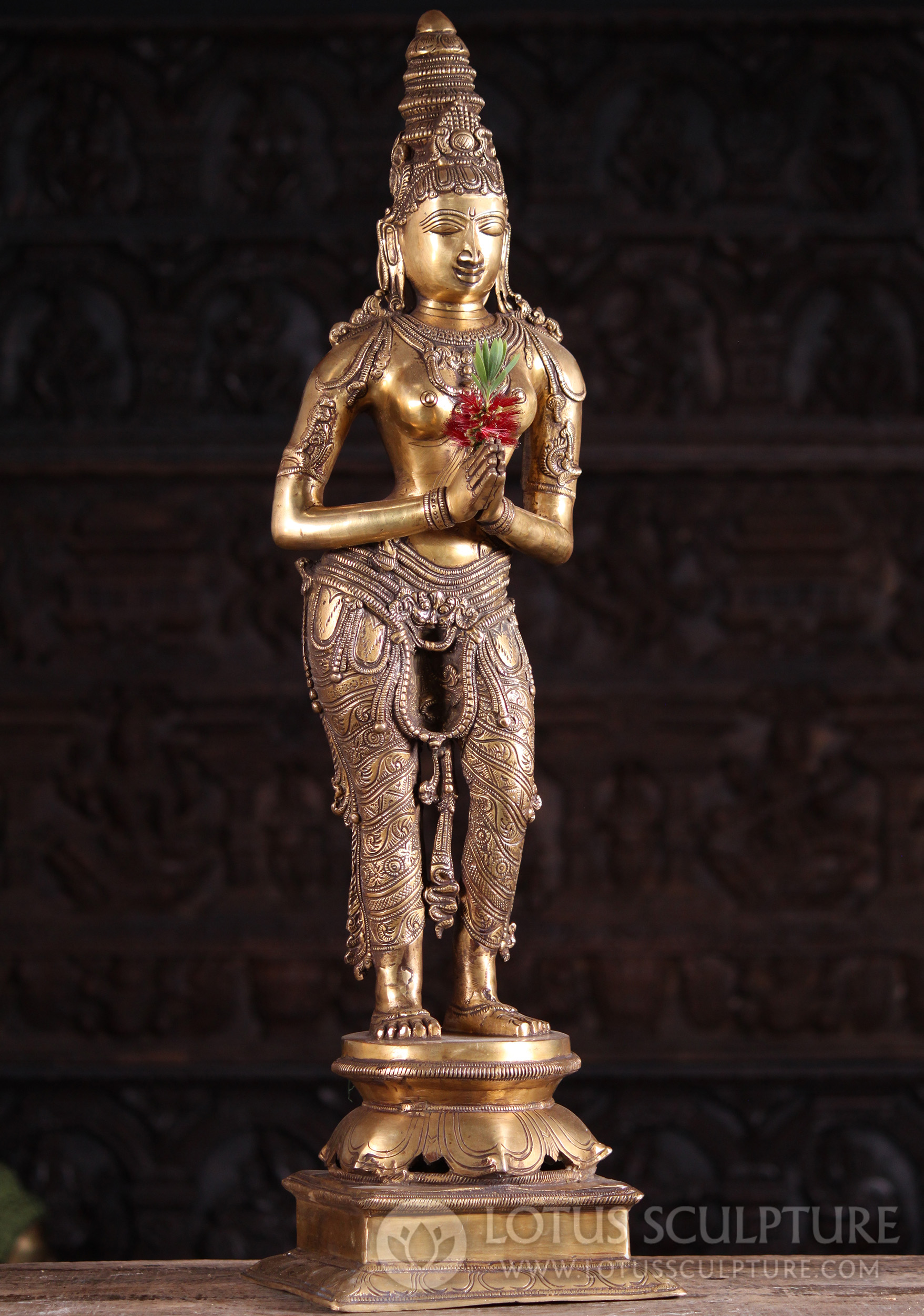 Hindu Goddess Parvati Statue in Namaste Pose with Lotus Base Indian Brass Standing 32"