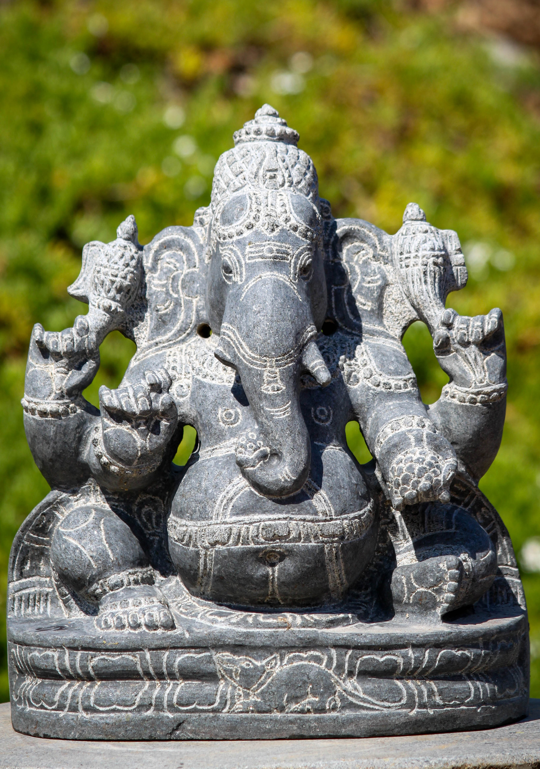 Seated Stone Granite Garden Ganesh Sculpture with Depiction of Mooshika 14"