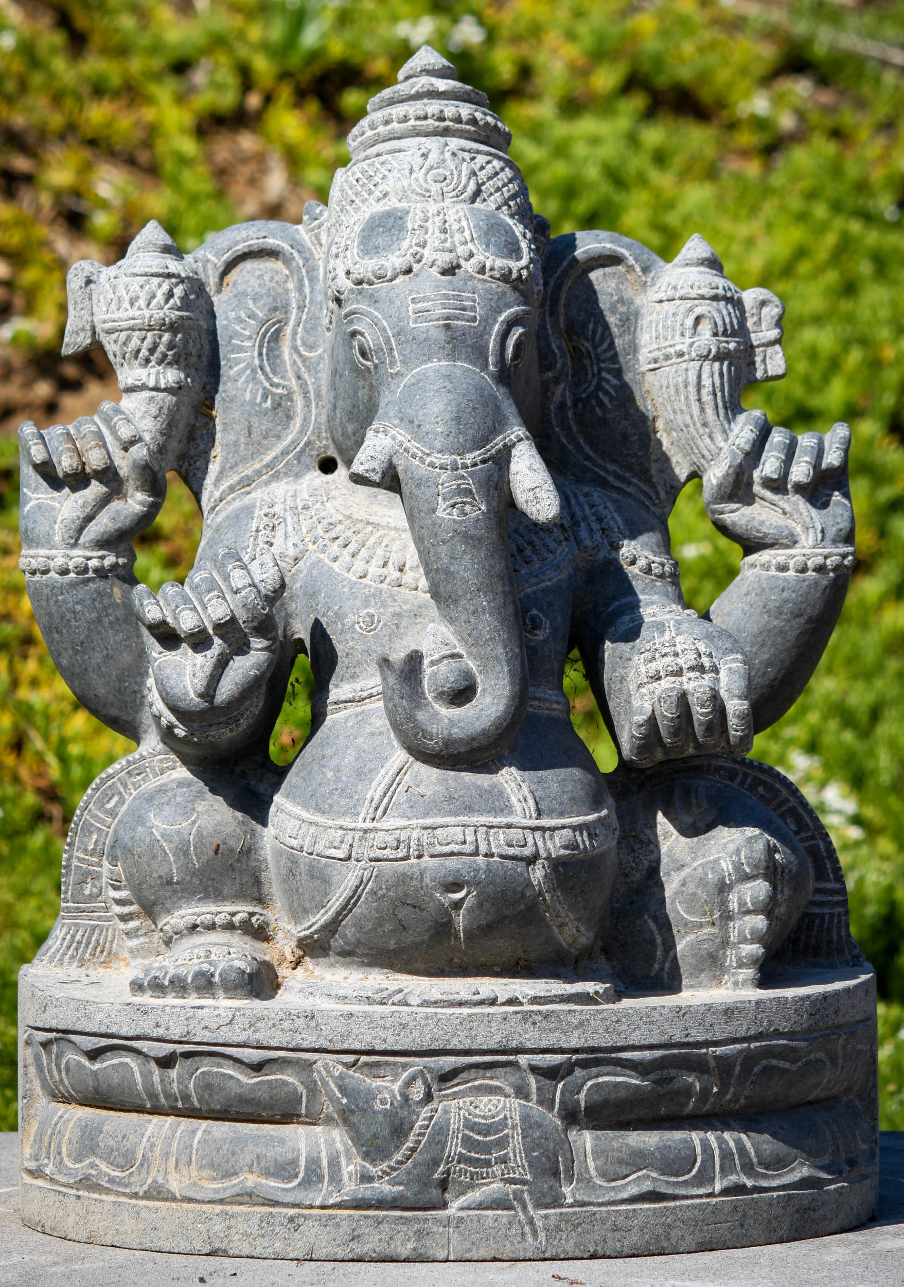 Stone Seated Garden Ganesh Sculpture Hand Carved from Black Granite 24"