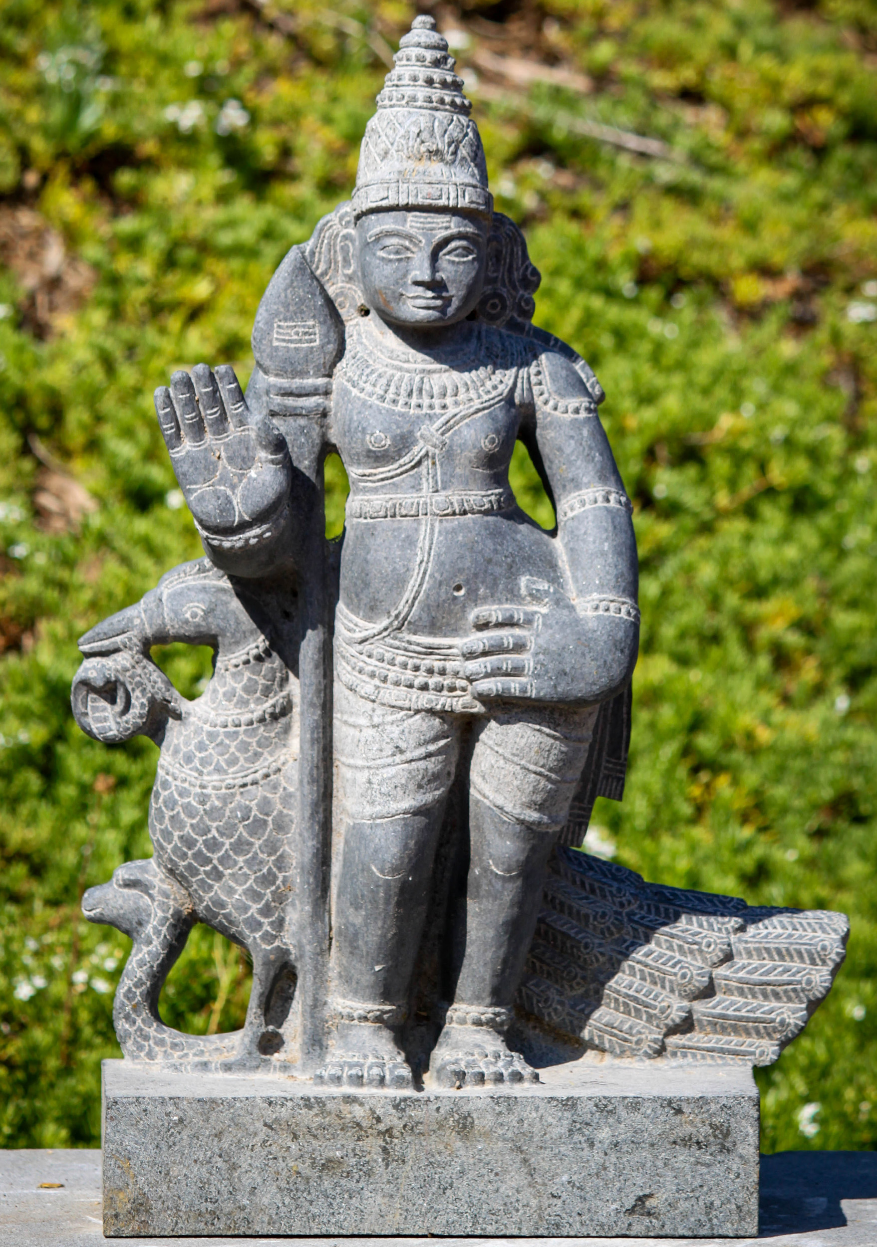 Granite Standing Murugan with Peacock and Spear in Abhaya Mudra 27.5"