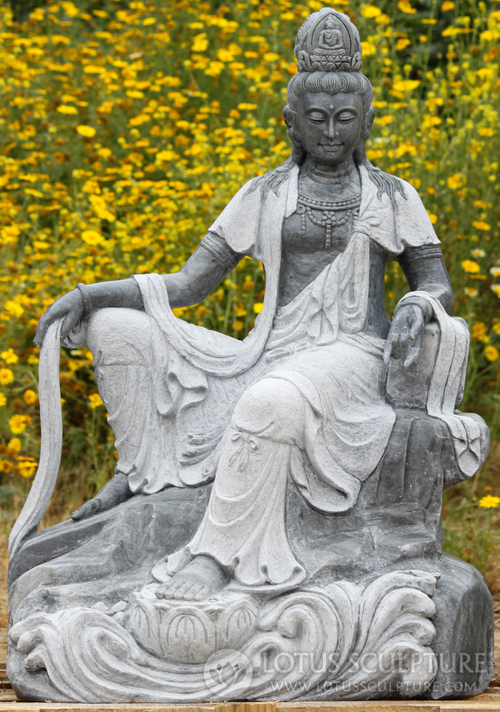 Grey Marble Avalokiteshvara Kwan Yin Seated in Relaxed Pose Sculpture 41"